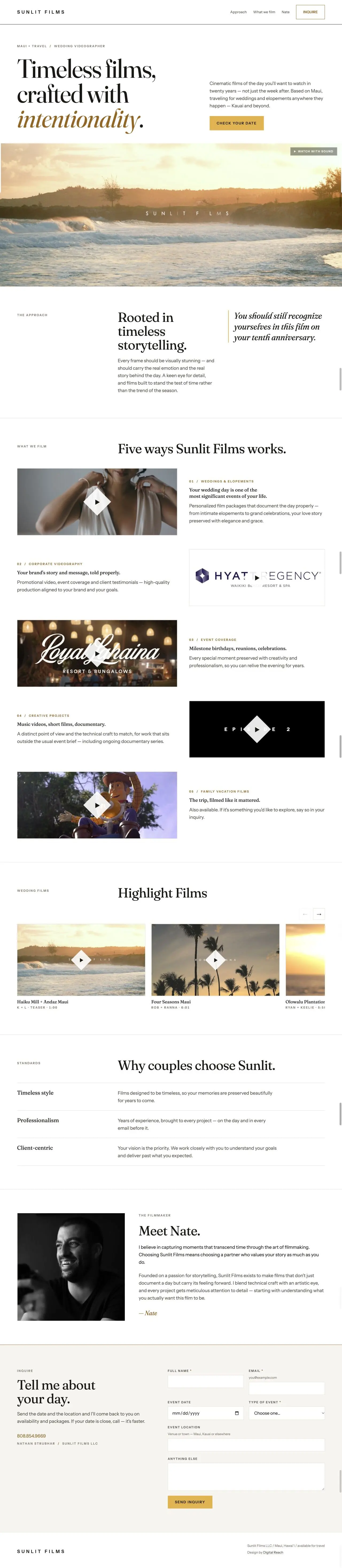 Sunlit Films homepage captured in a desktop browser
