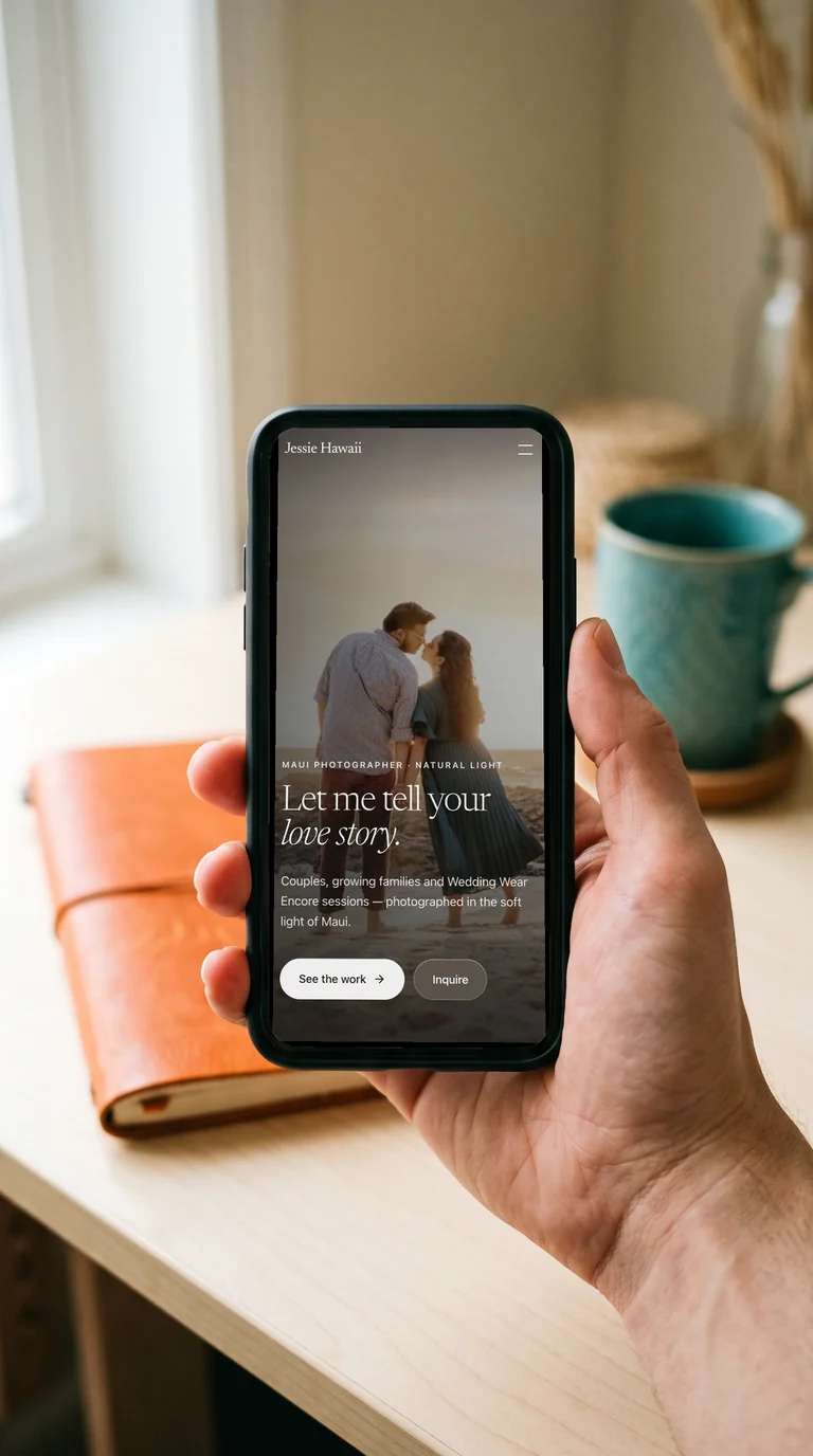 Jessie Hawaii Photography responsive website displayed on a phone