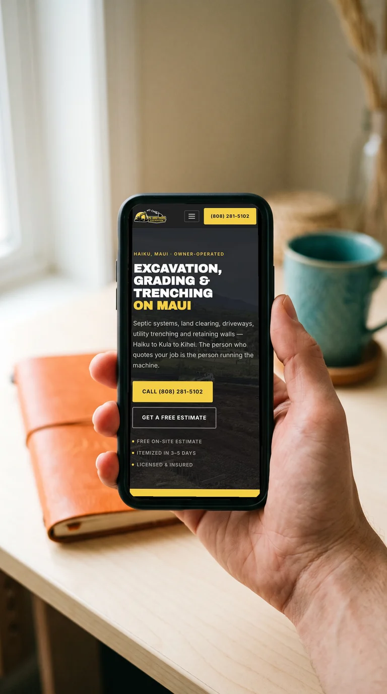 Po Brothers Excavation responsive website displayed on a phone