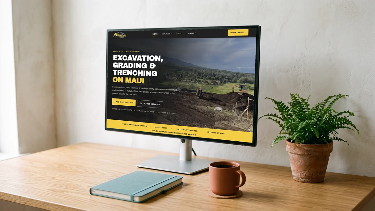 Po Brothers Excavation website on a desktop monitor
