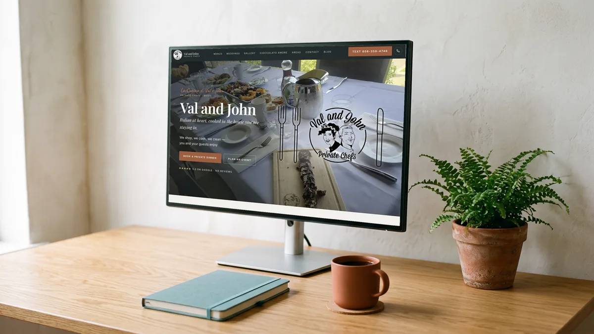 Val and John Private Chefs website on a desktop monitor