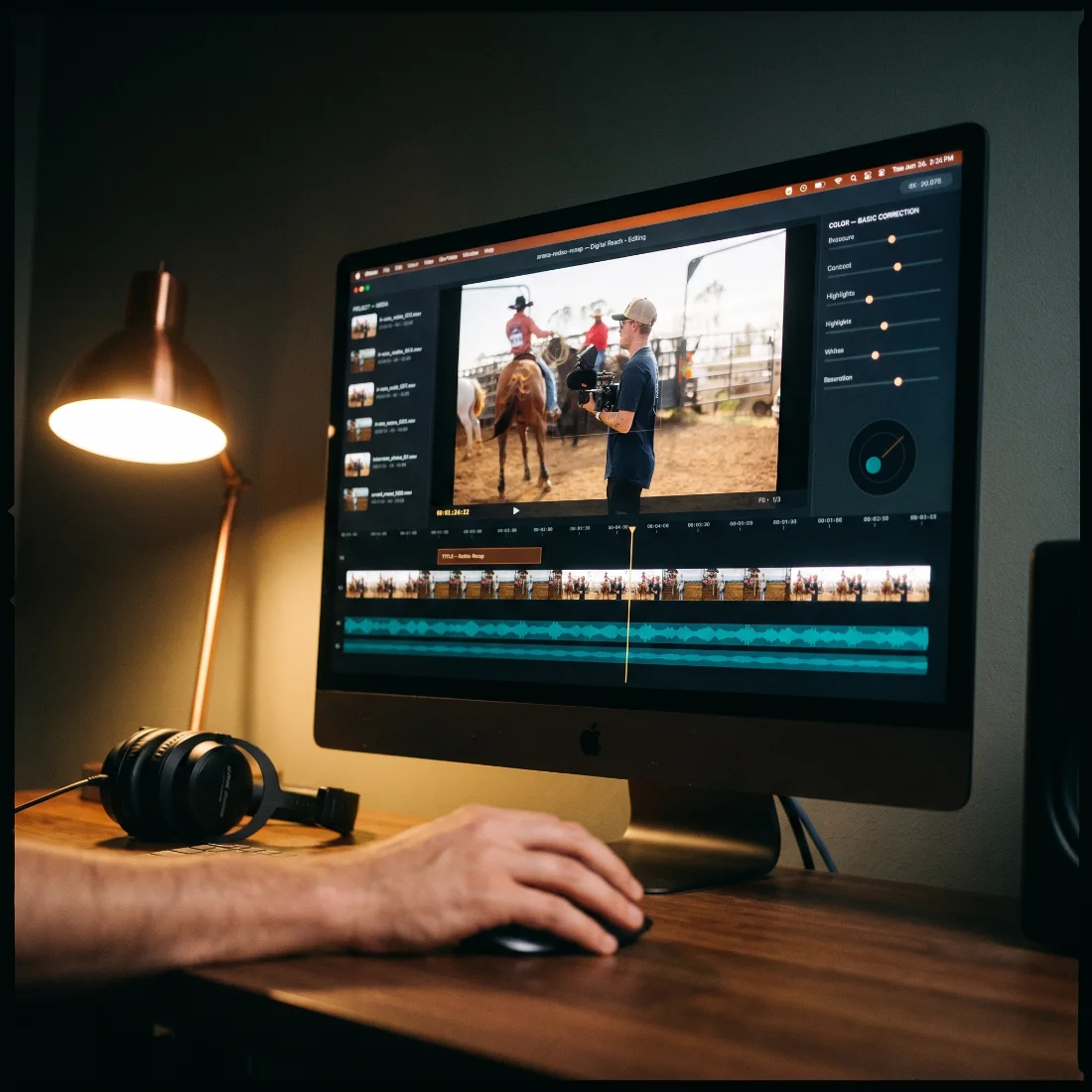 Video editor cutting Digital Reach rodeo footage in an editing suite at night