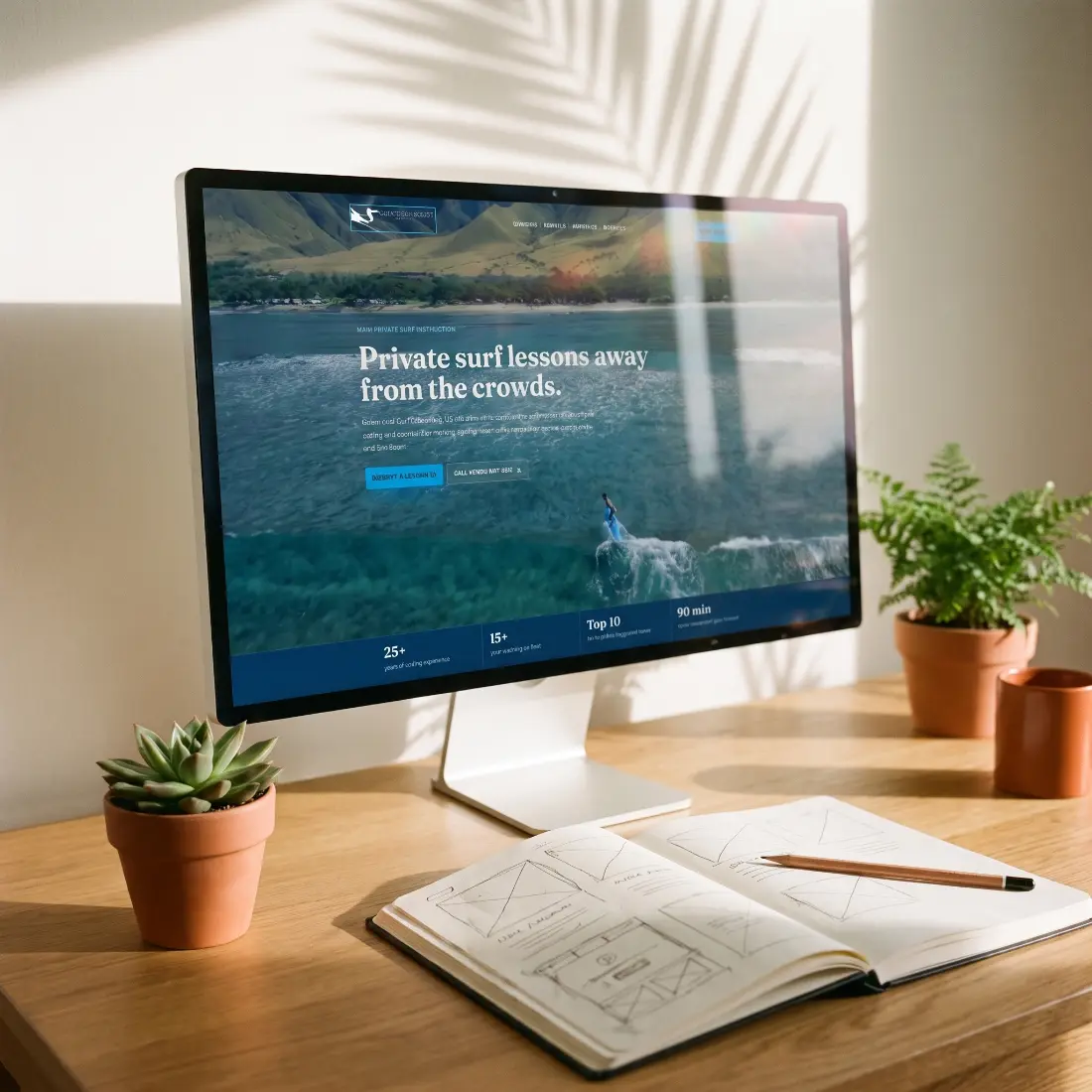 Zack Howard Surf website design on a studio monitor with wireframe sketches on the desk