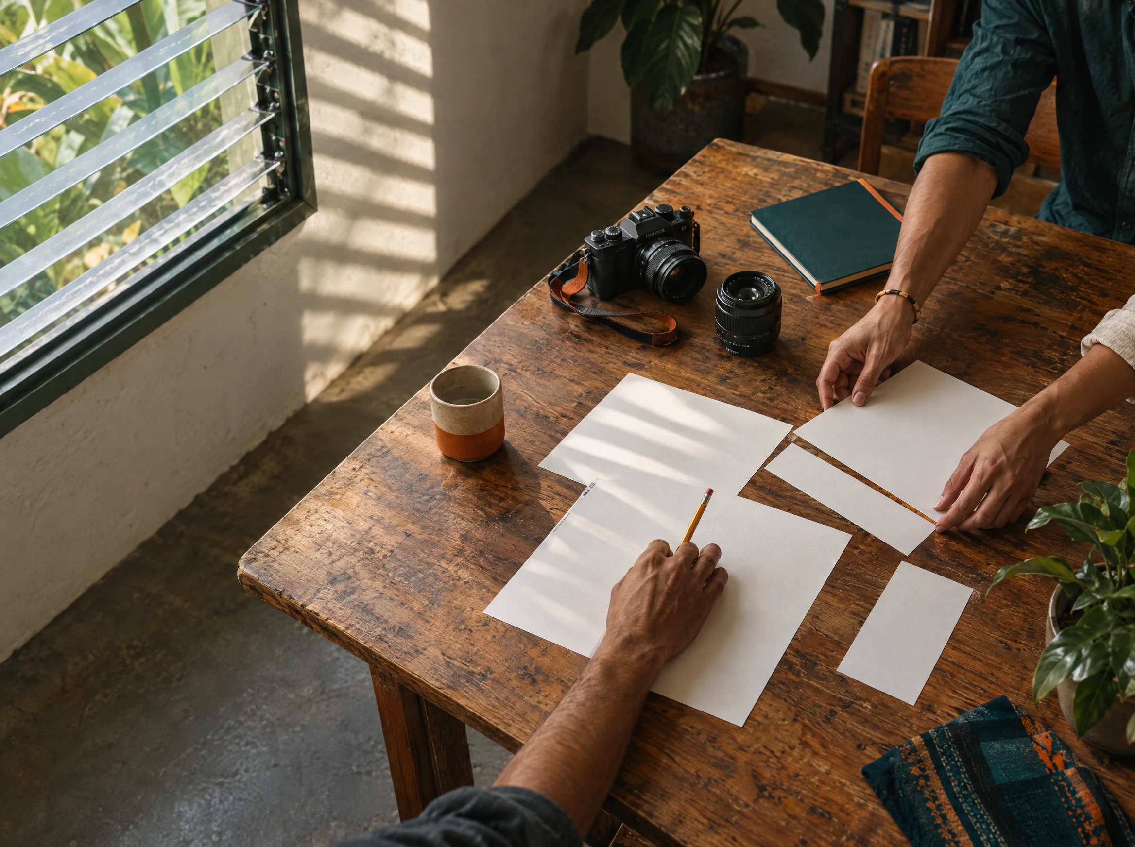 Illustrative Hawaii creative team arranging physical planning materials