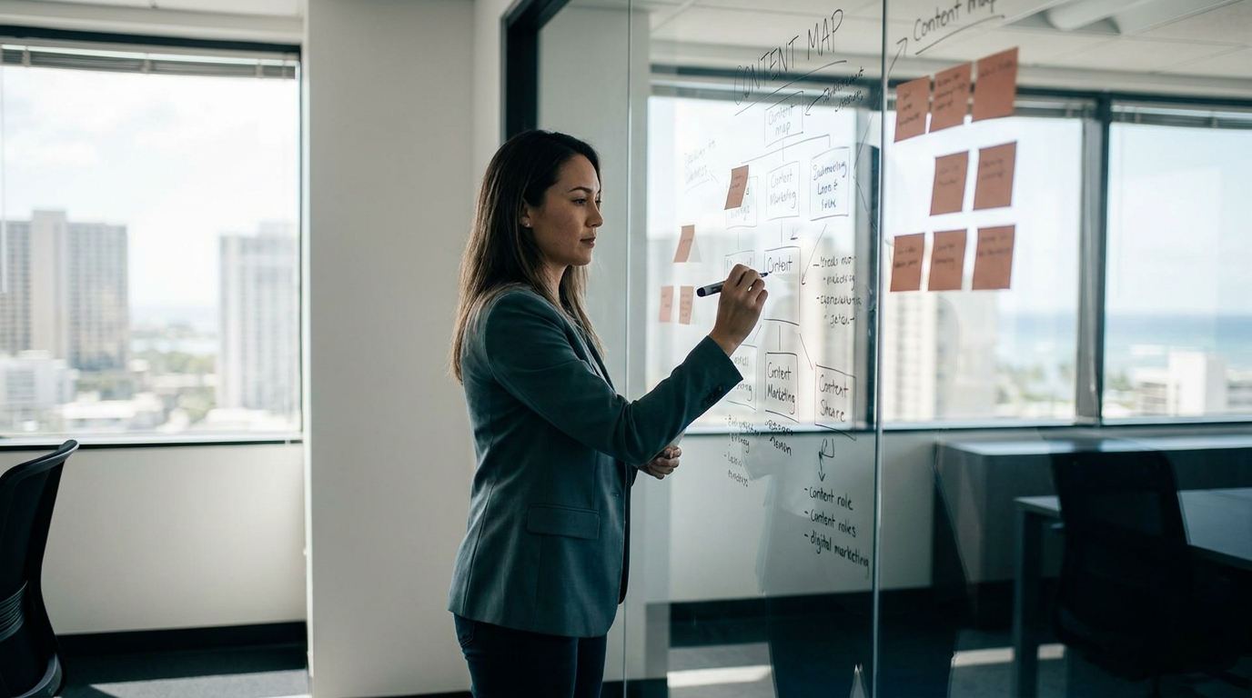 a Hawaii digital marketing strategist mapping content strategy on a clean glass wall in a modern Honolulu office