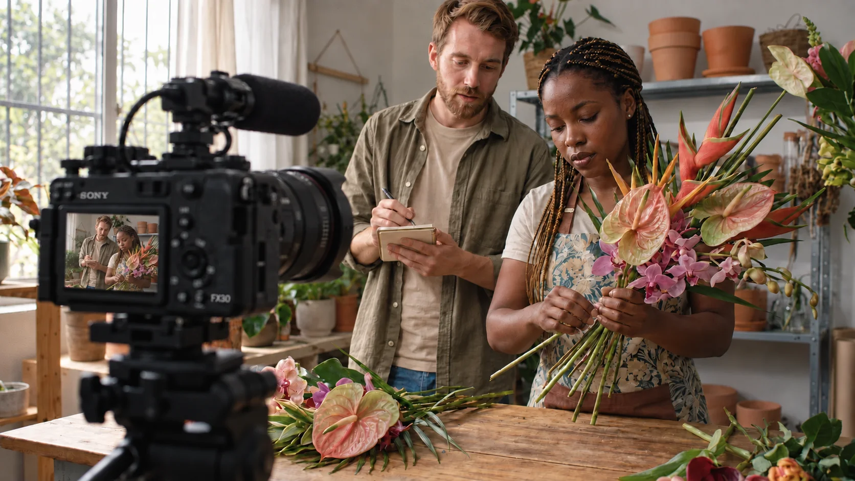 Sony FX30 screen shows the florist and content producer being filmed as she arranges flowers and he takes notes