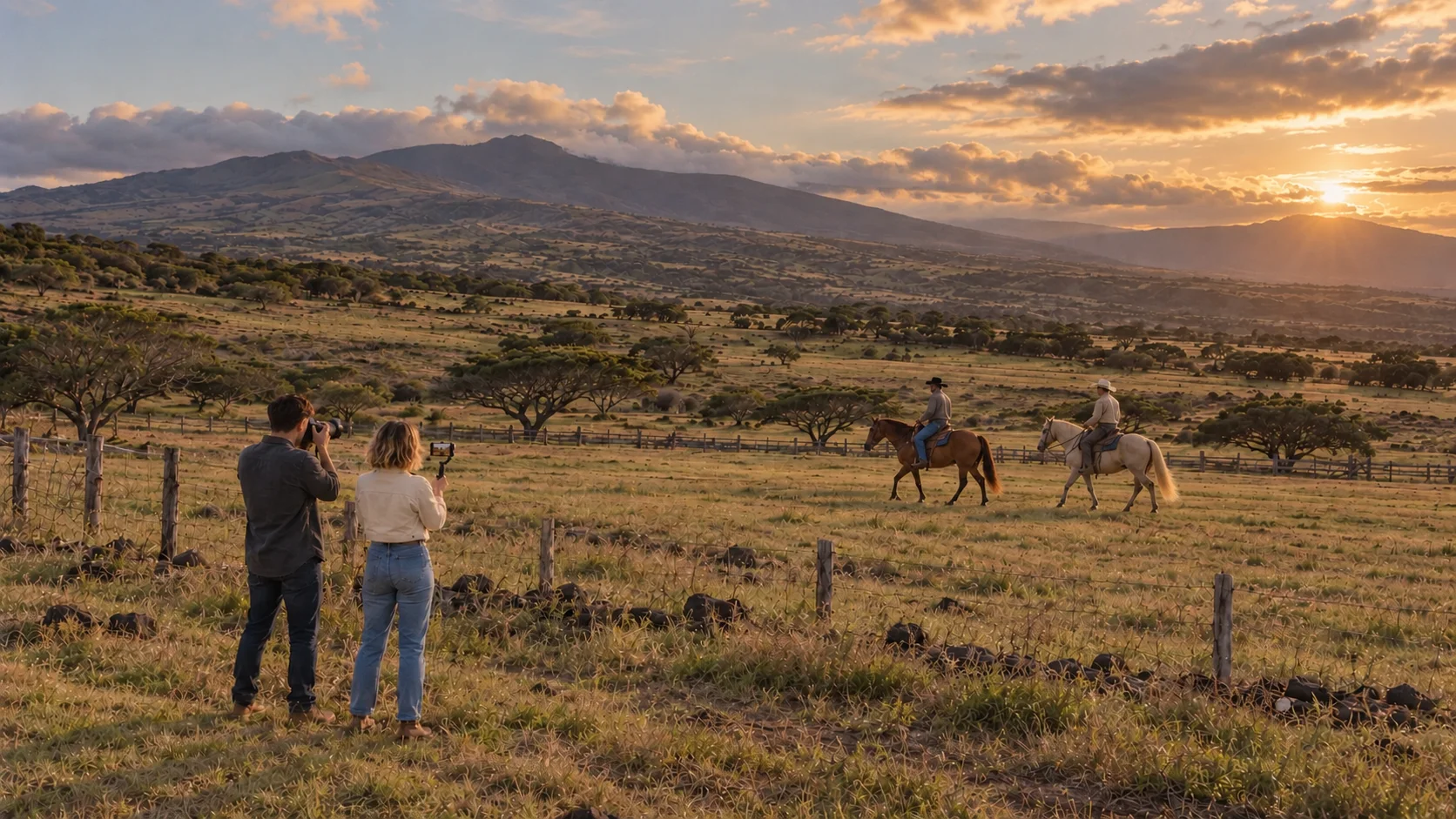 Wide rear view of Shane and Sage filming two separate riders on horseback across an Upcountry Maui ranch at sunset