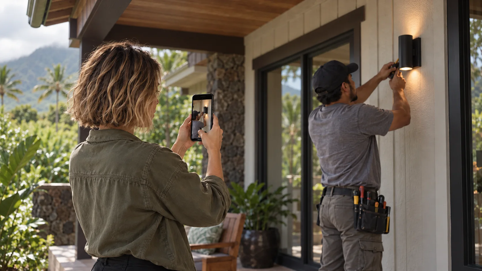 Sage records a local electrician installing an outdoor light at a Hawaii home, with the installation visible on her phone screen