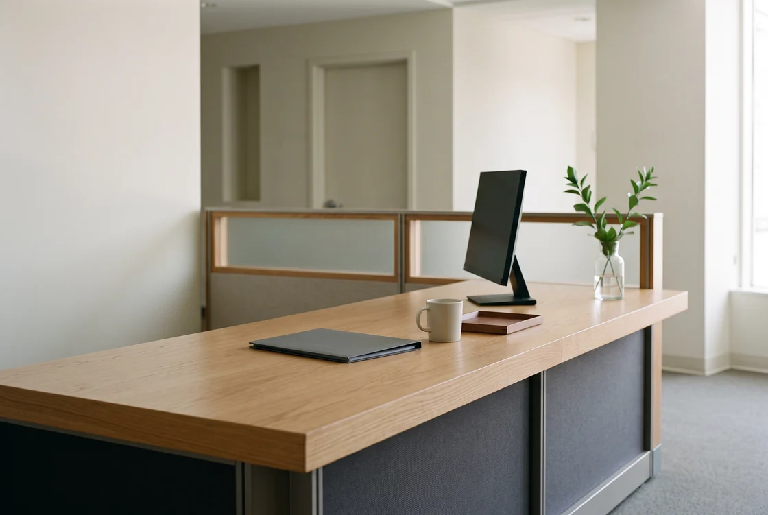 A light oak reception counter before opening, empty of people: a dark monitor angled away from the camera, a closed grey folder squared to the edge, a white ceramic mug, a small empty wooden tray and a clear glass vase holding green stems, with a frosted-glass partition, a pale wall and a closed door behind.