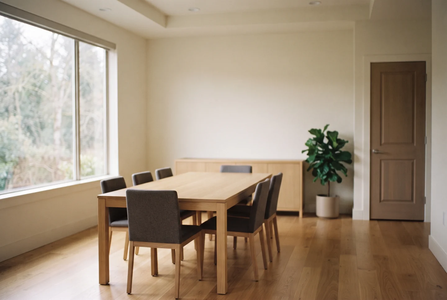 An empty meeting room with a plain light wood table and grey upholstered chairs pushed in evenly, a bare low wooden credenza, a potted fiddle-leaf fig, pale walls, a closed wooden door and a wide window onto bare trees, wide oak floorboards underfoot.