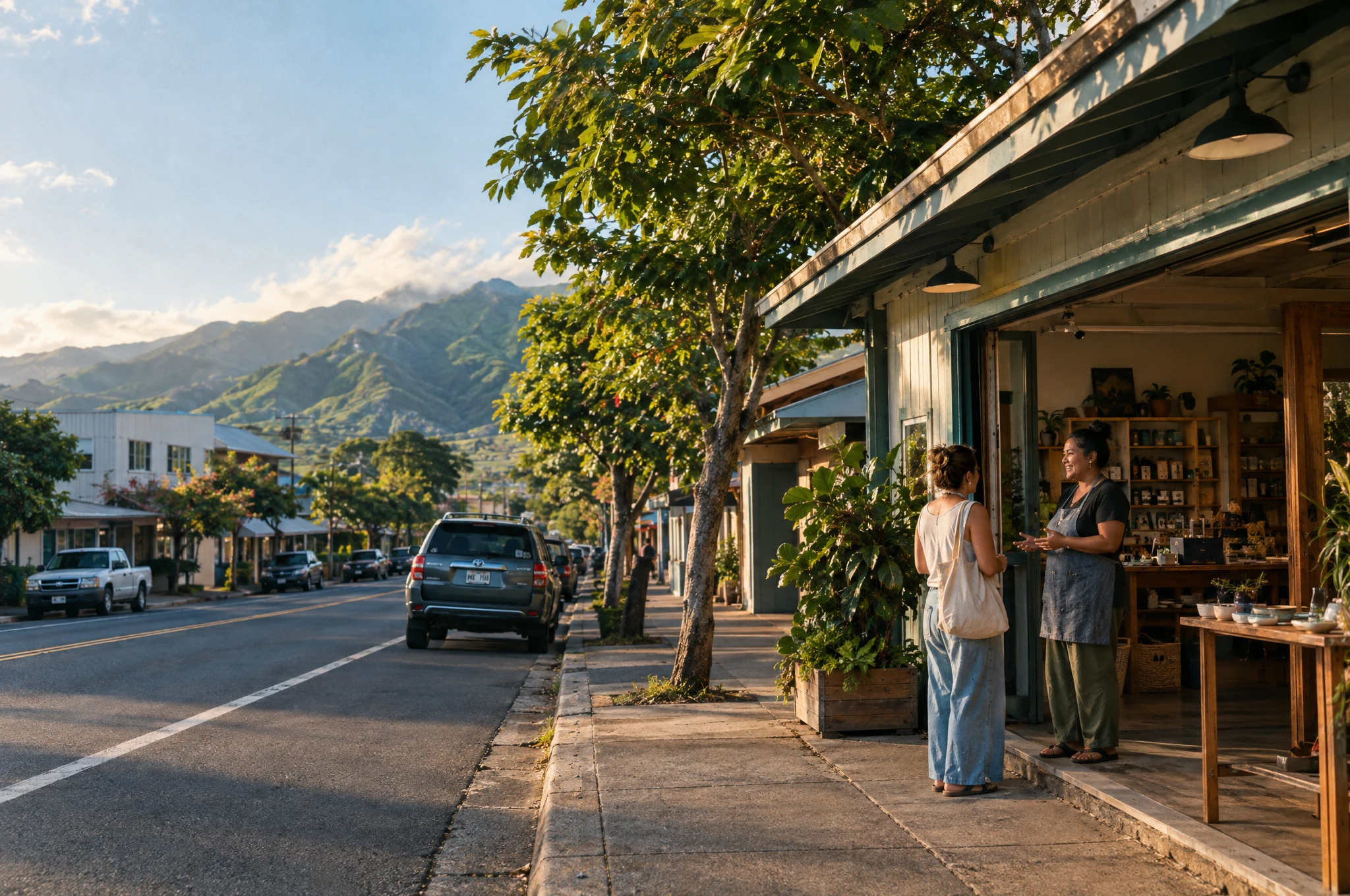 Illustrative Maui small-business streetscape with mountains in the distance