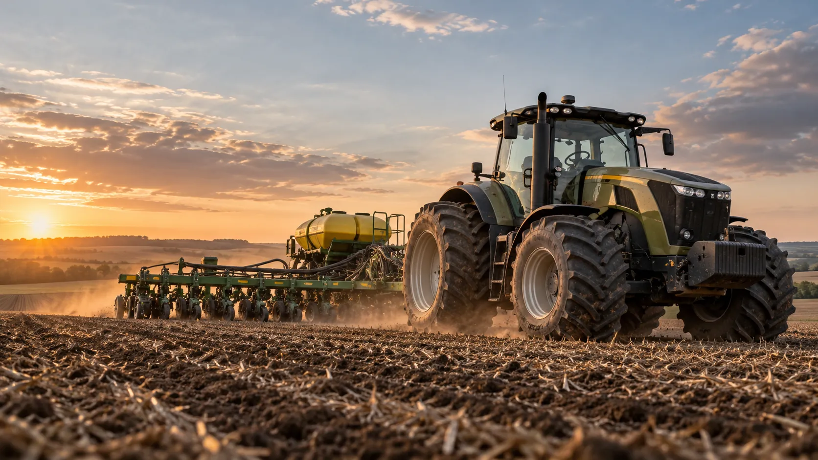 Large tractor pulling a planting implement across a cultivated field at sunset