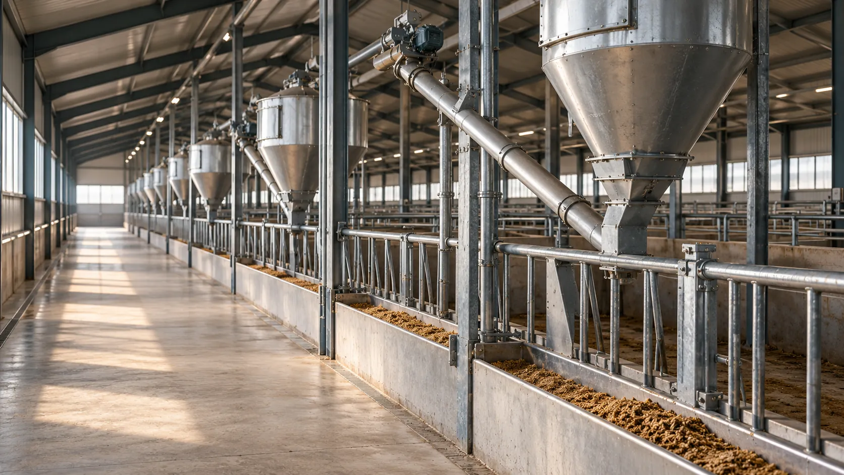 Metal feeding hoppers and troughs inside an empty livestock barn