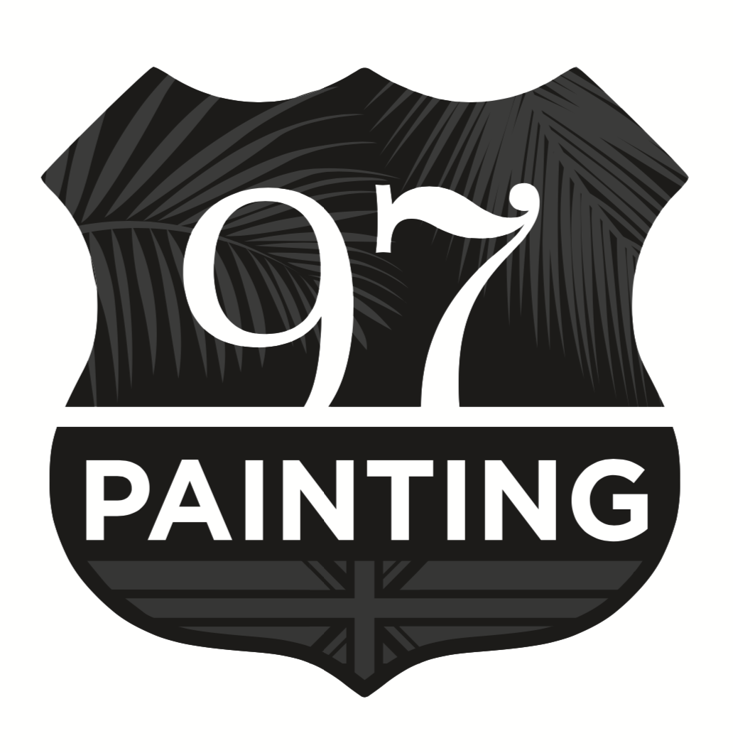 Digital Reach 97 Painting logo: black shield with palm leaves and British flag detail