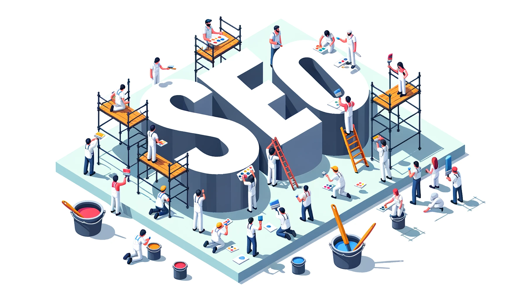 SEO For Painters, isometric graphic of painters painting a sign that says SEO