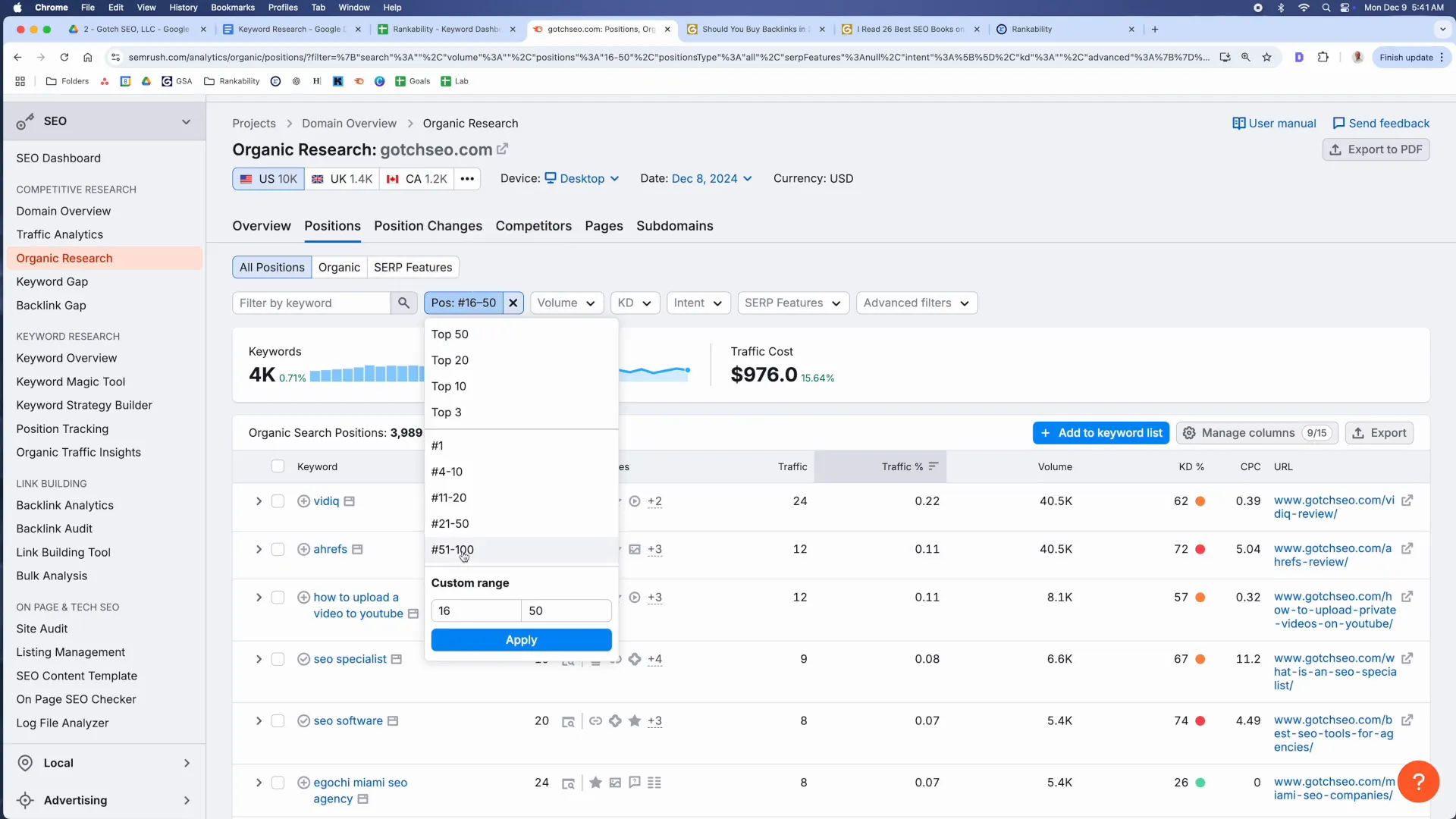Digital Reach, Rankability SEO dashboard showing keyword rankings and traffic cost.