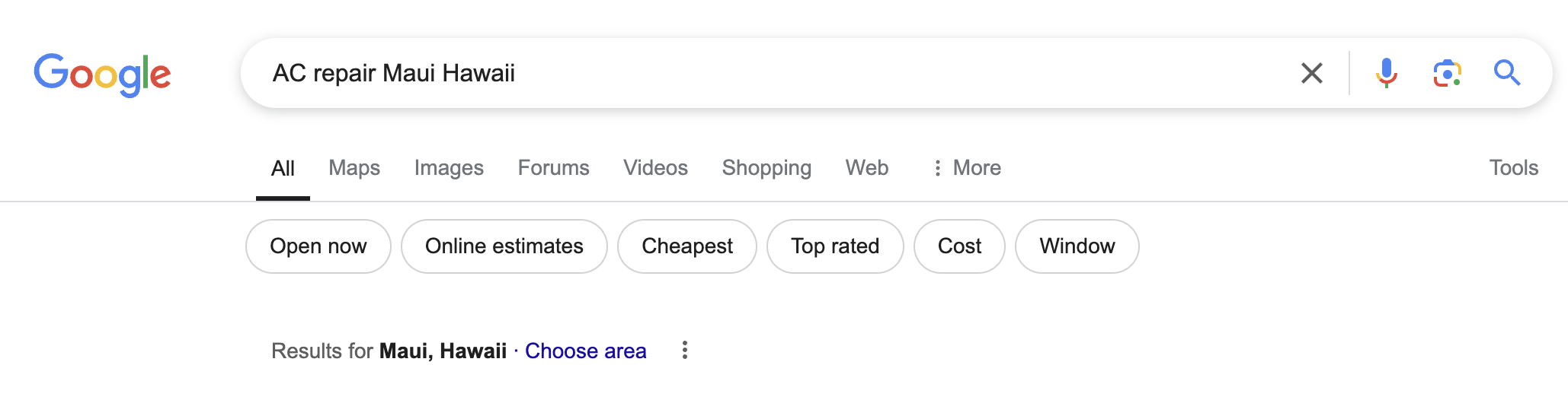 Digital Reach, Search results for "AC repair Maui Hawaii" with location and service filters