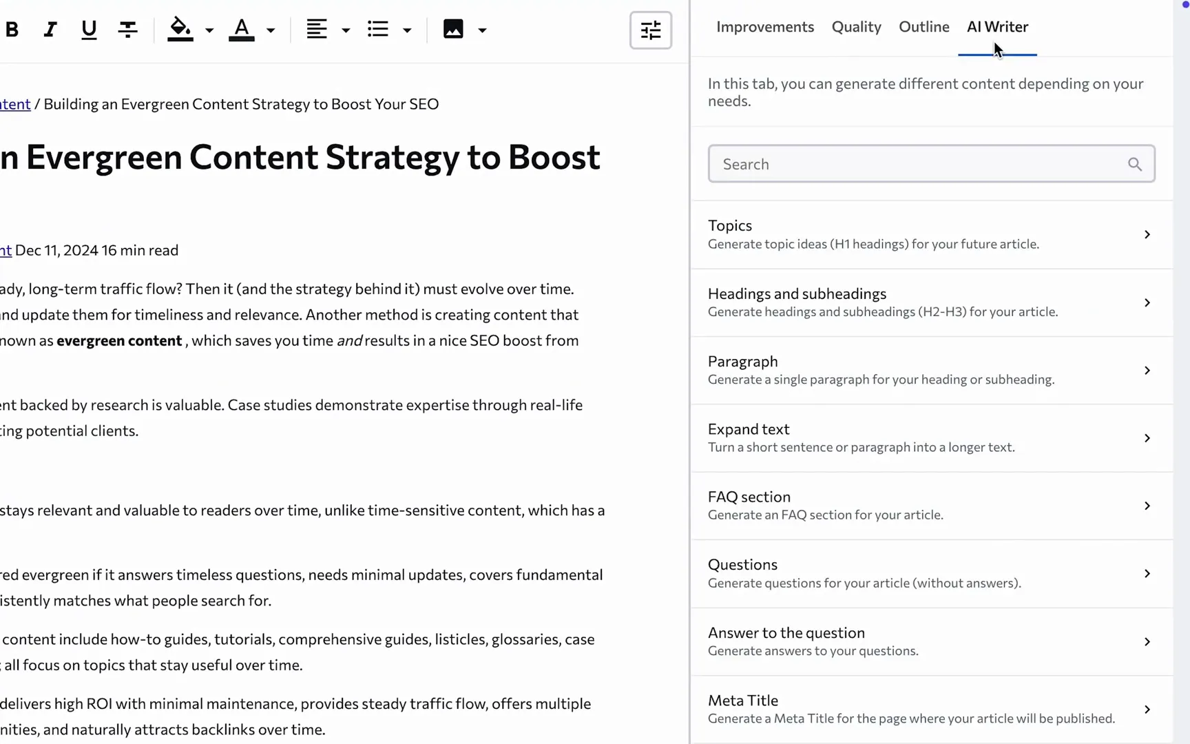 AI Writer Tab Features