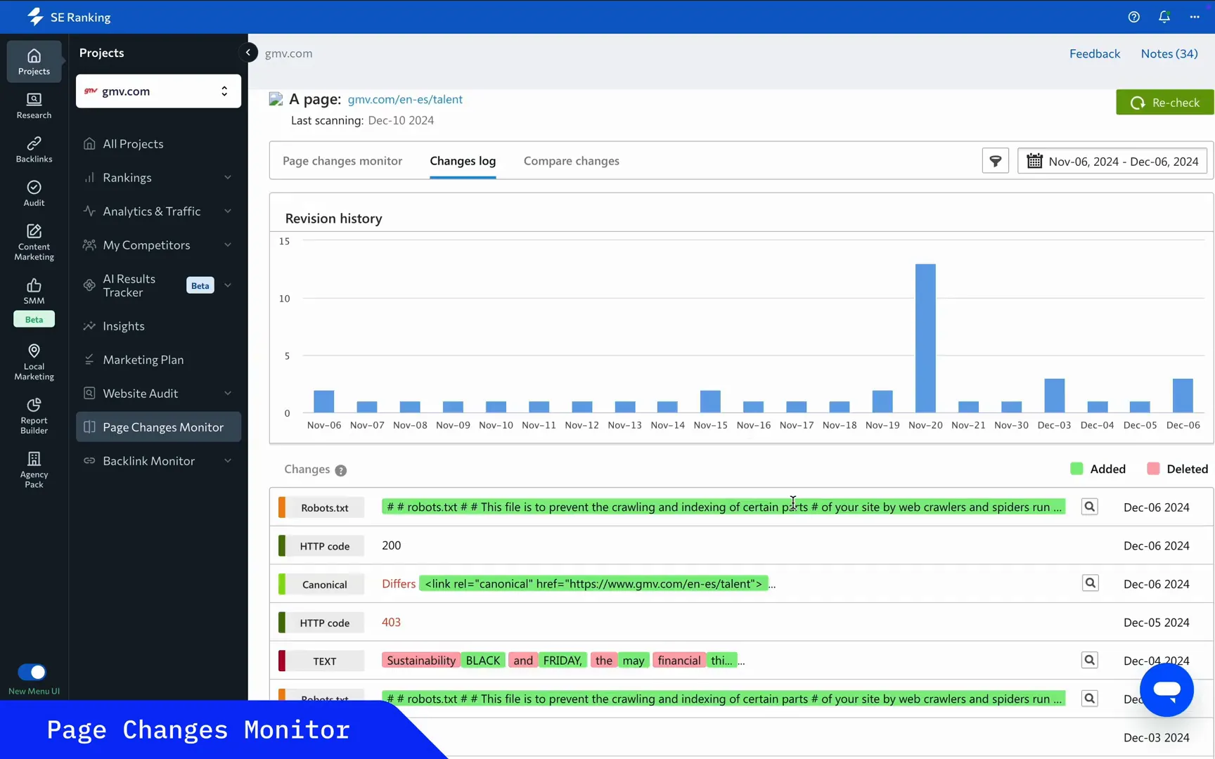 Monitoring page changes with SEO ranking tool