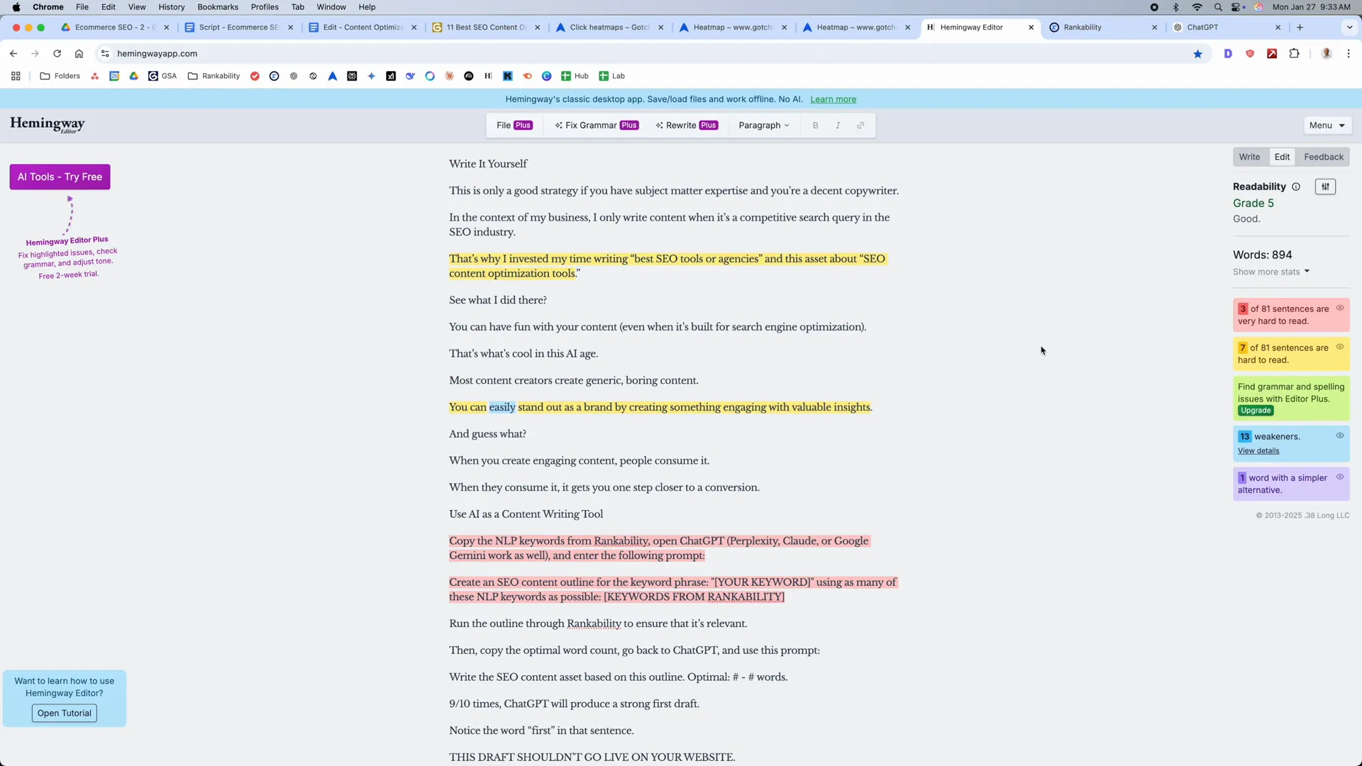 Hemingway editor interface