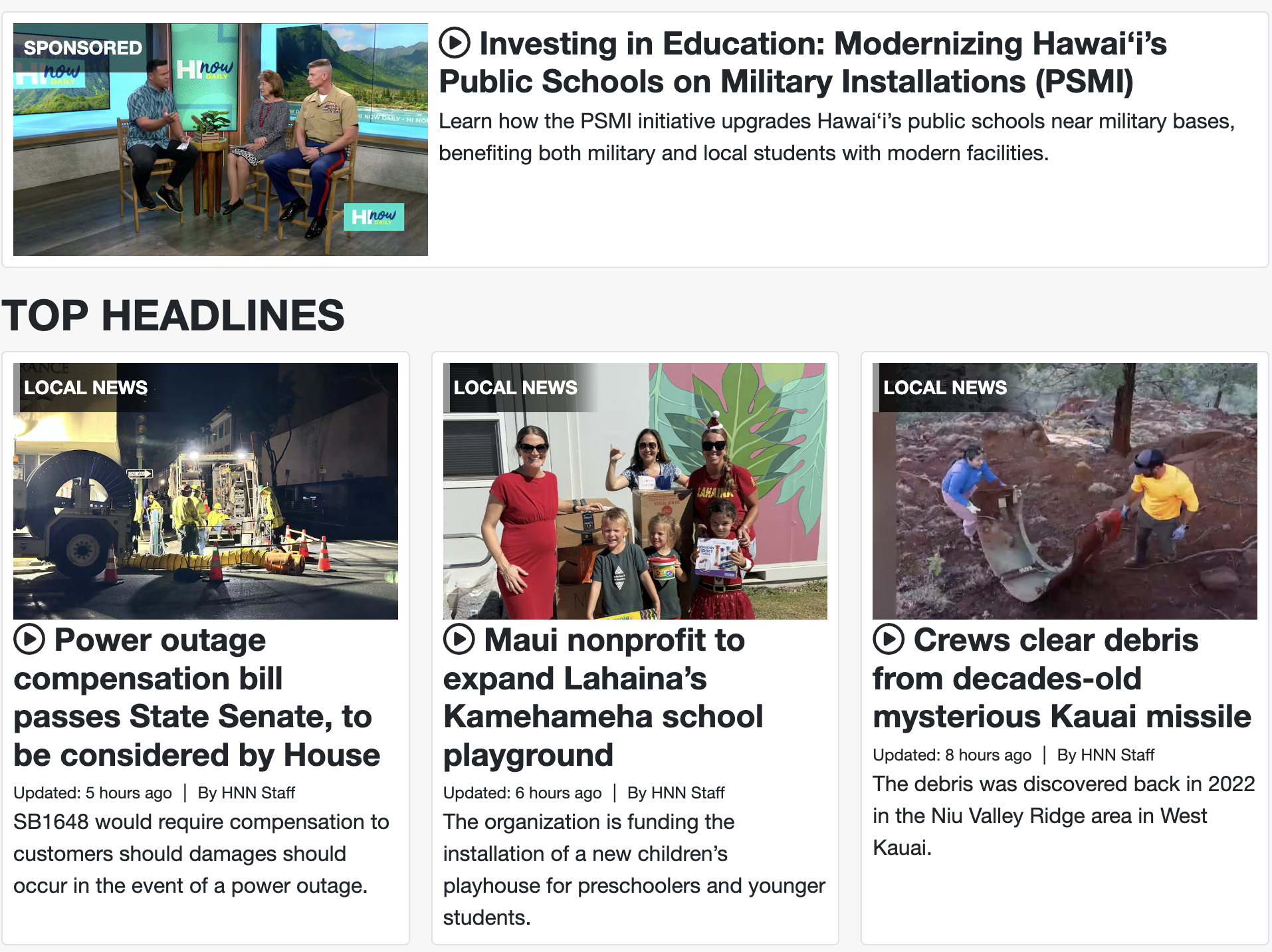 Digital Reach, Hawaii news headlines on screen, featuring power outage bill, Maui playground expansion, and Kauai missile debris cleanup.