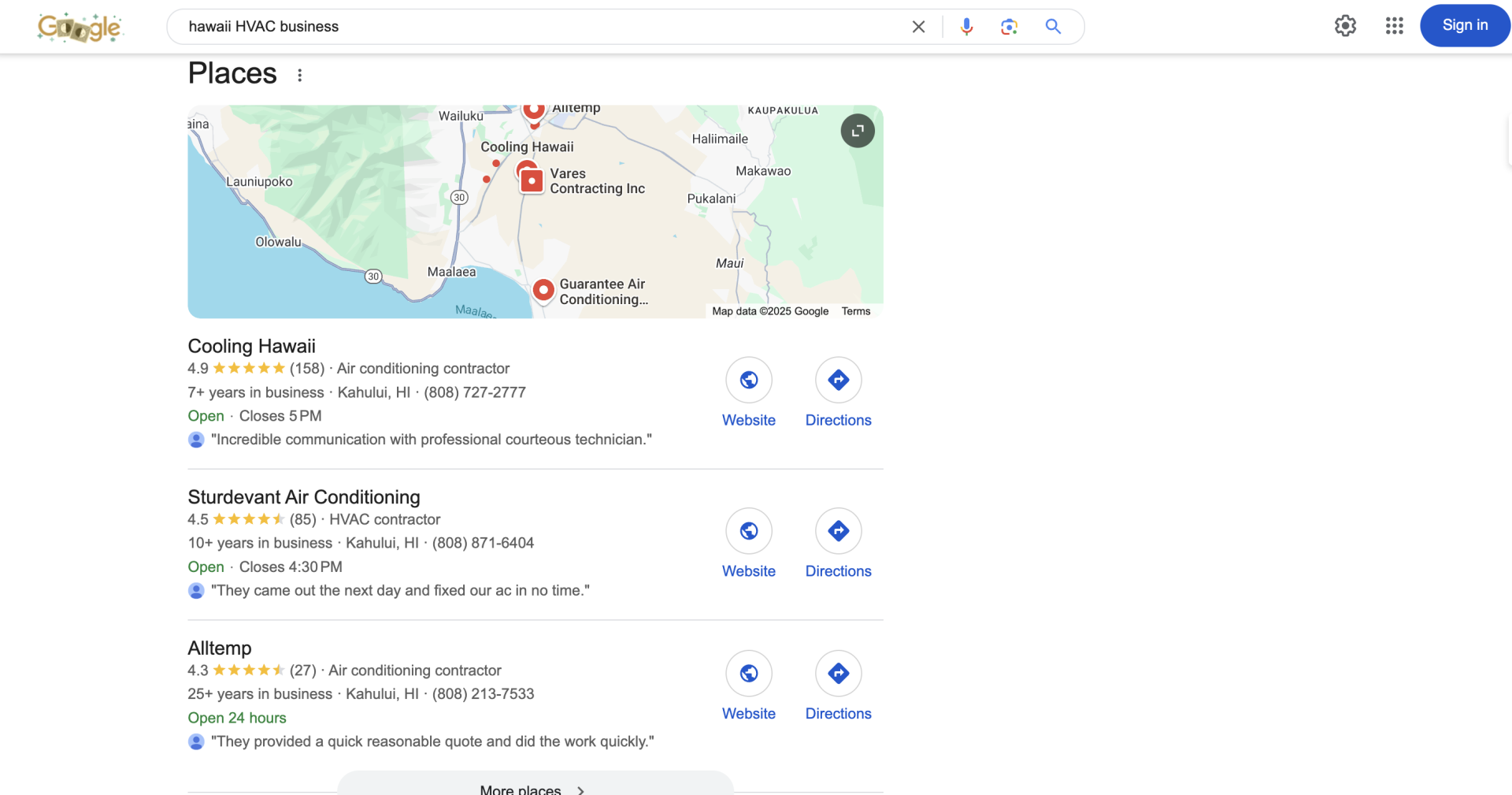 Screenshot 2025-03-19 at 10434 PM • Digital Reach Digital Reach, Google search results for "Hawaii HVAC business," showing map, business listings, and reviews. Google SEO remains vital in 2025.