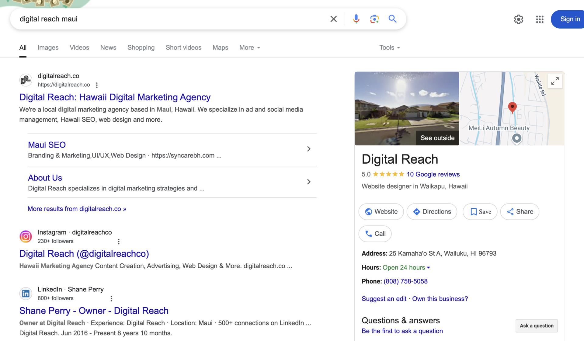 Screenshot 2025-03-19 at 12333 PM • Digital Reach Digital Reach, Google search results for Digital Reach Maui with map and contact info