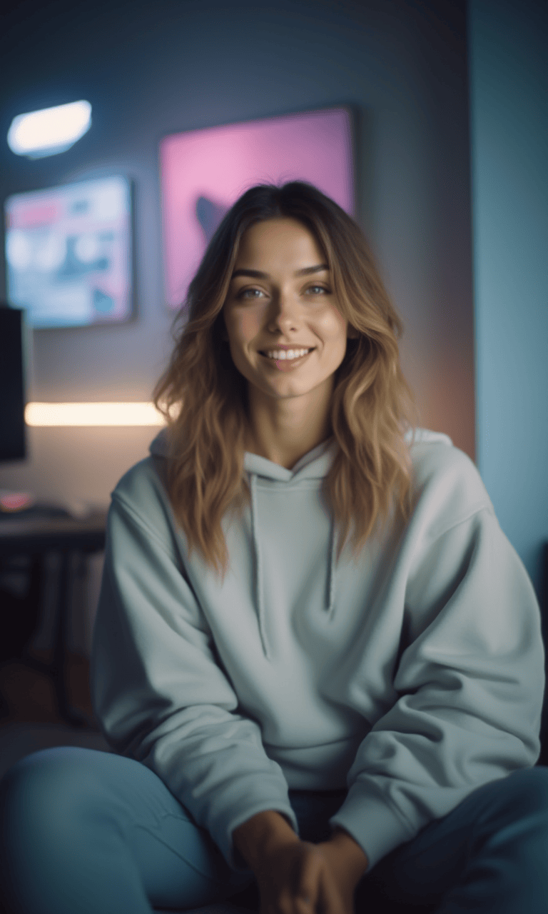 Digital Reach, Smiling woman relaxing at home in a light gray hoodie.