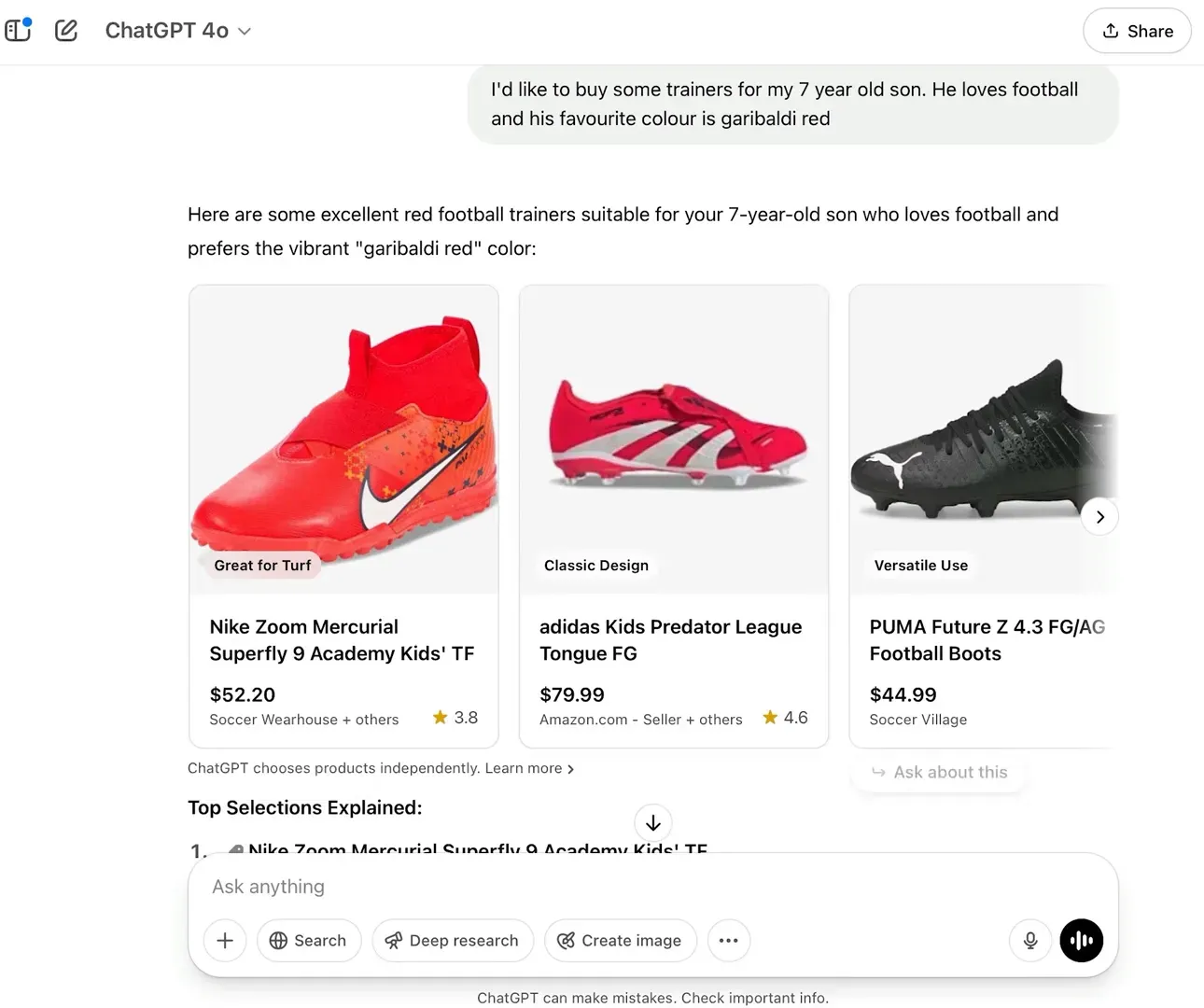 ChatGPT product tiles and retailer listings example