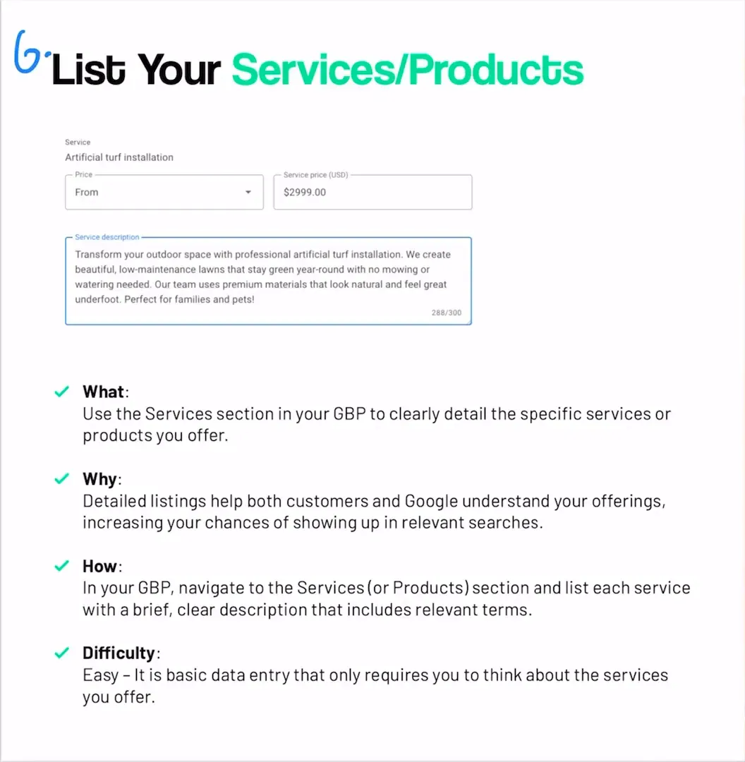 Listing services and products in Google Business Profile