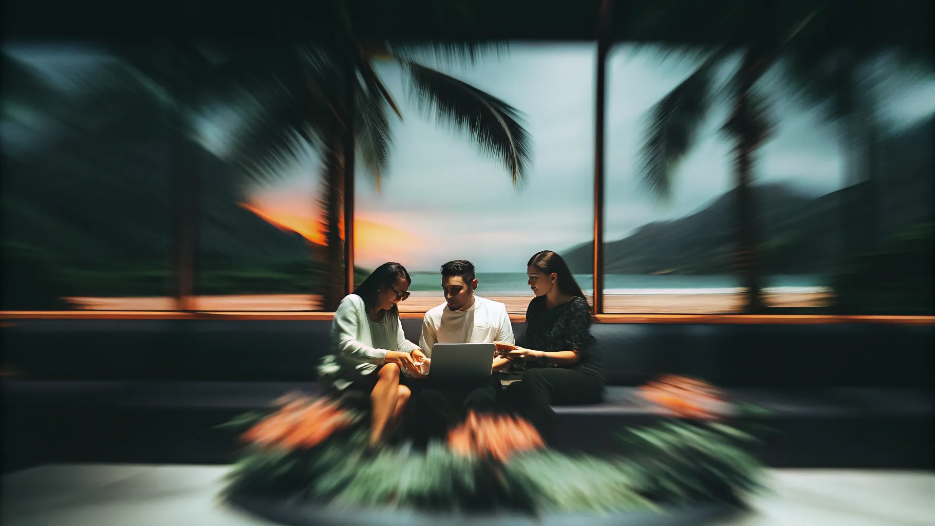 Digital Reach, Three colleagues collaborate on a laptop, overlooking a tropical beach sunset.