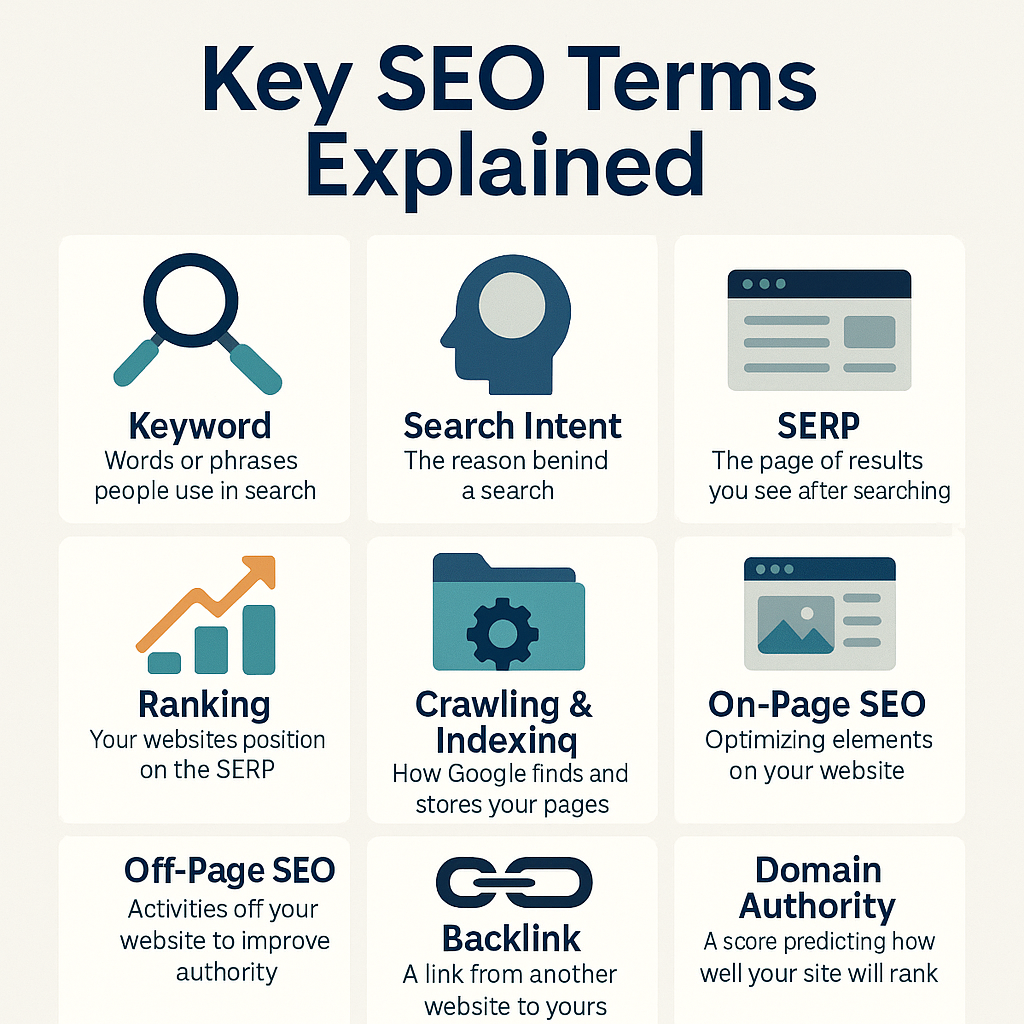 Digital Reach, Key SEO terms infographic: keyword, search intent, SERP, ranking, crawling, on-page SEO
