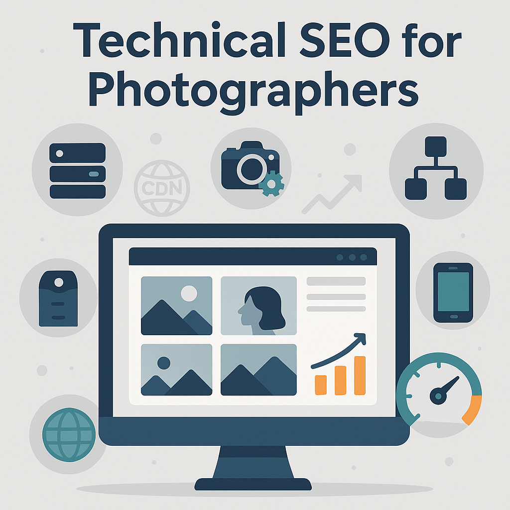 Digital Reach, Computer screen displaying website analytics, photography portfolio, and technical SEO elements like CDN and server. Technical SEO for photographers.