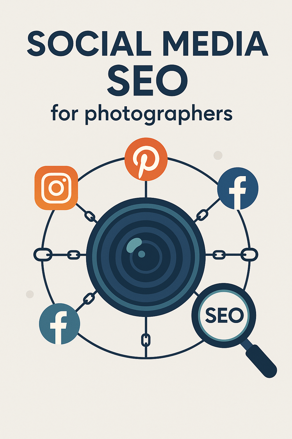 Digital Reach, Infographic: Social media SEO for photographers. Camera lens connected to Facebook, Instagram, Pinterest, and SEO magnifying glass.