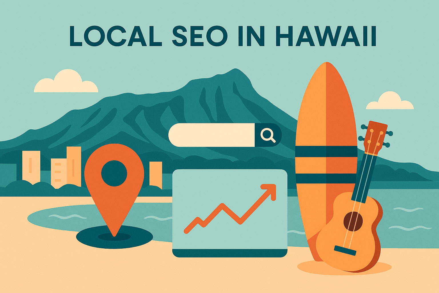 Digital Reach, Hawaii beach scene with surfboard, ukulele, map pin, search bar, and upward trending graph; Local SEO in Hawaii.