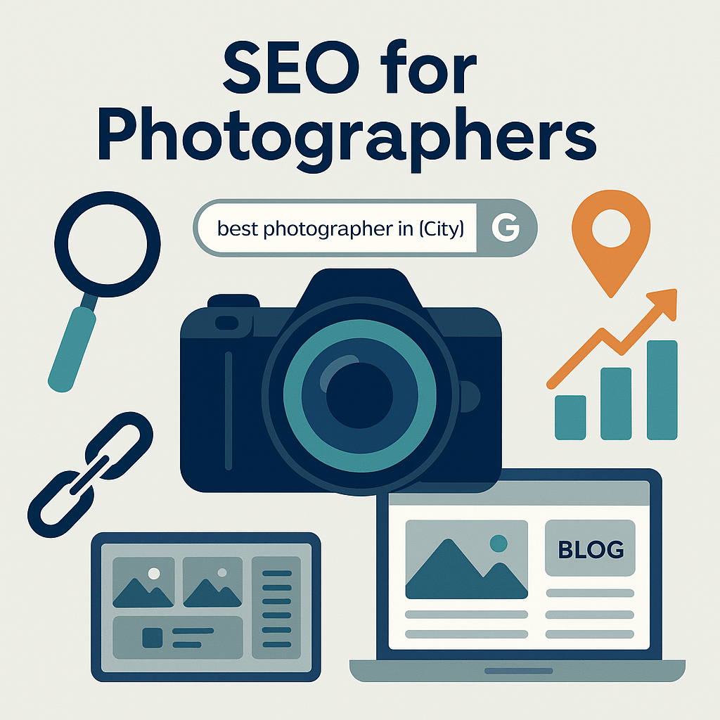 Digital Reach, SEO for photographers: Camera, laptop, blog, and search results showing increased website traffic.