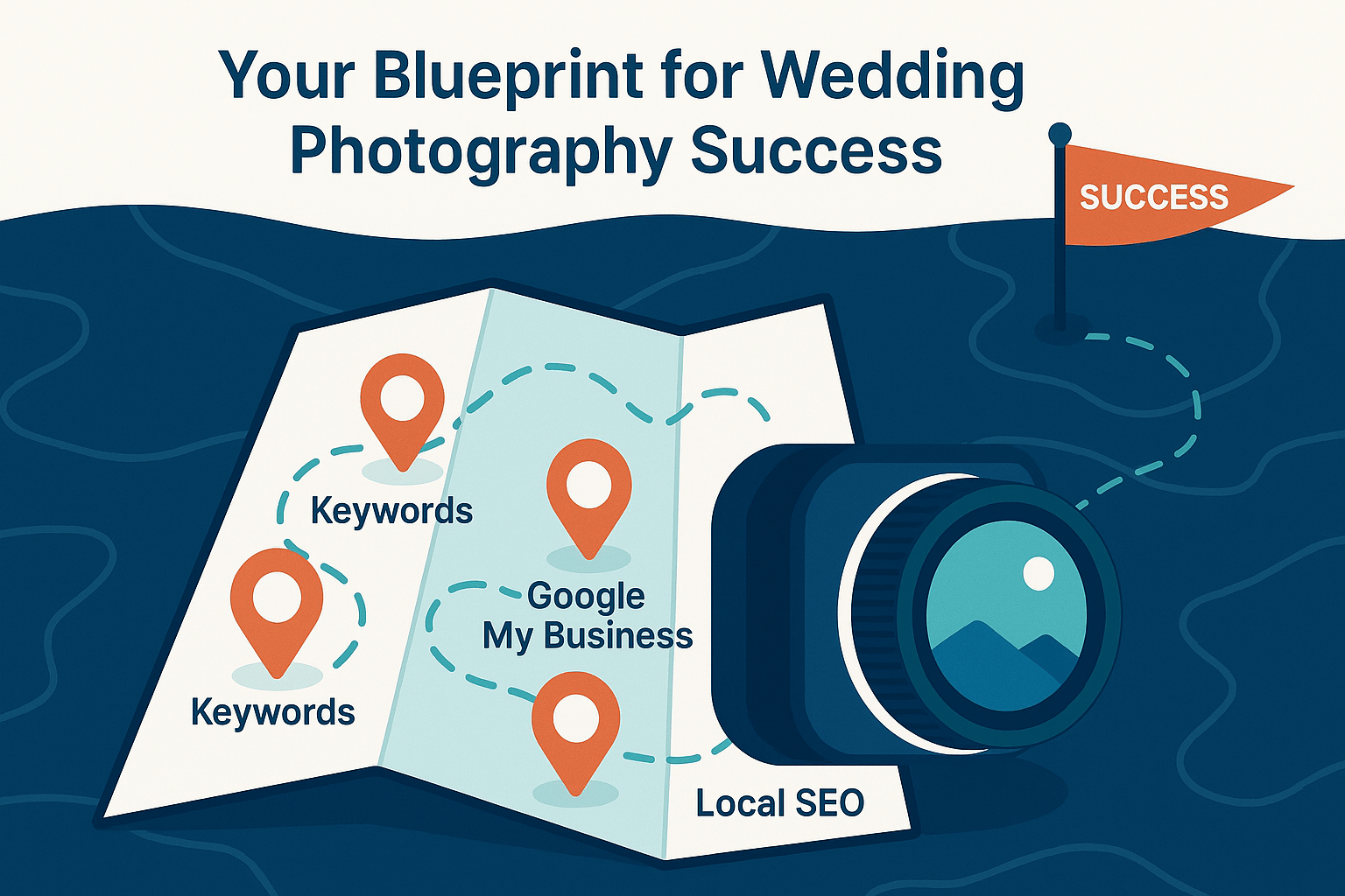 Map showing SEO strategy for wedding photographers: keywords, Google My Business, local SEO, leading to success.