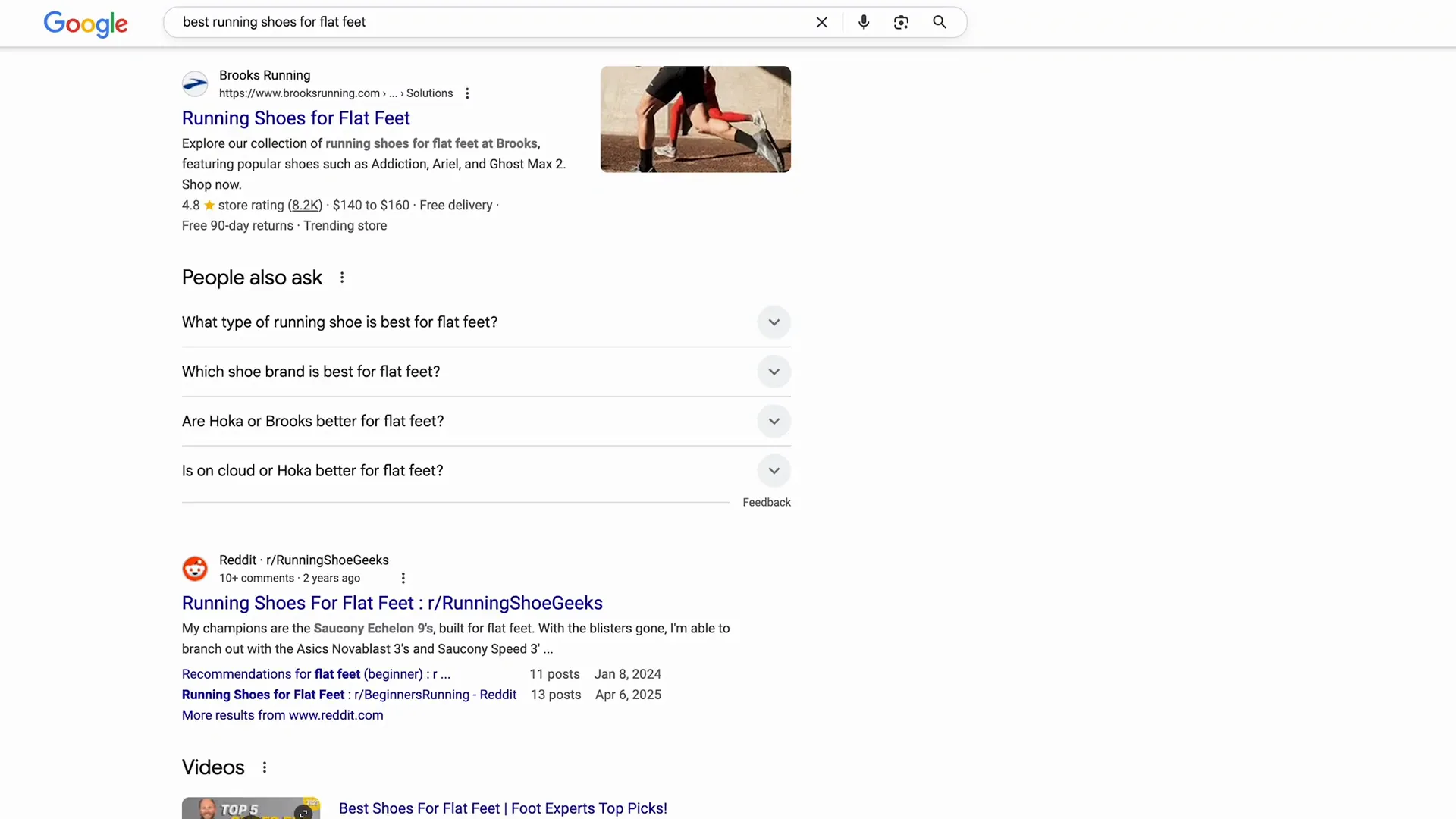 Google SERP showing people also ask and related searches for running shoes