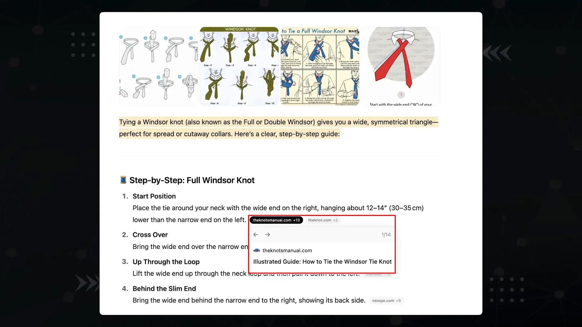 ChatGPT referencing both images and text for Windsor knot tutorial