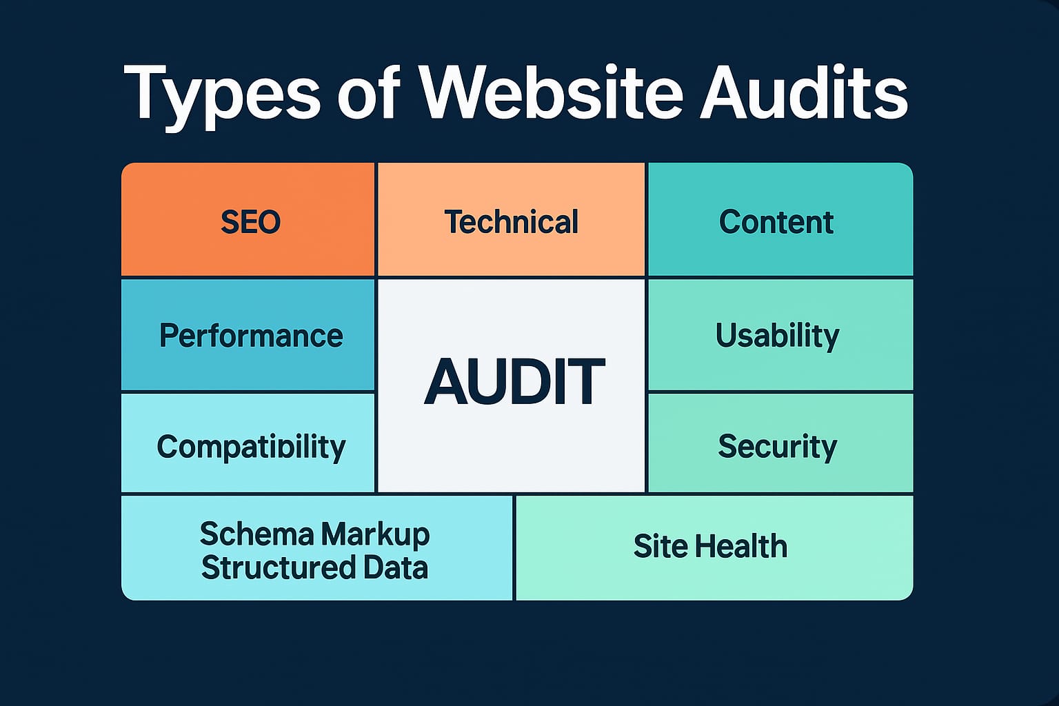 Digital Reach, Types of website audits diagram showing SEO, technical, and content categories