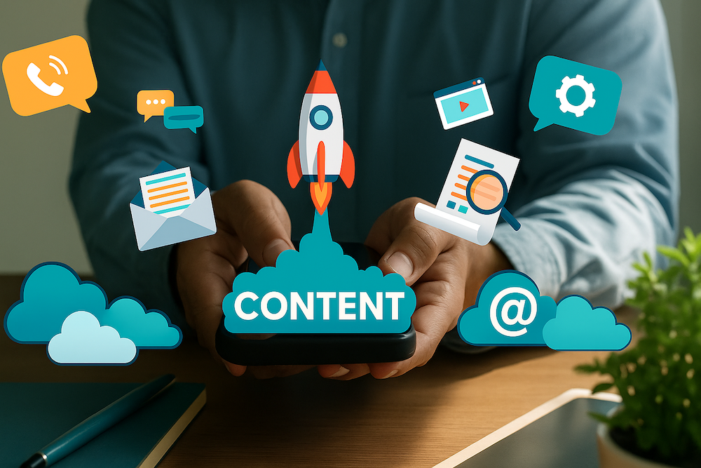 Digital Reach, Person holding phone displaying "CONTENT" with marketing icons; Maui SEO strategies for local business growth.