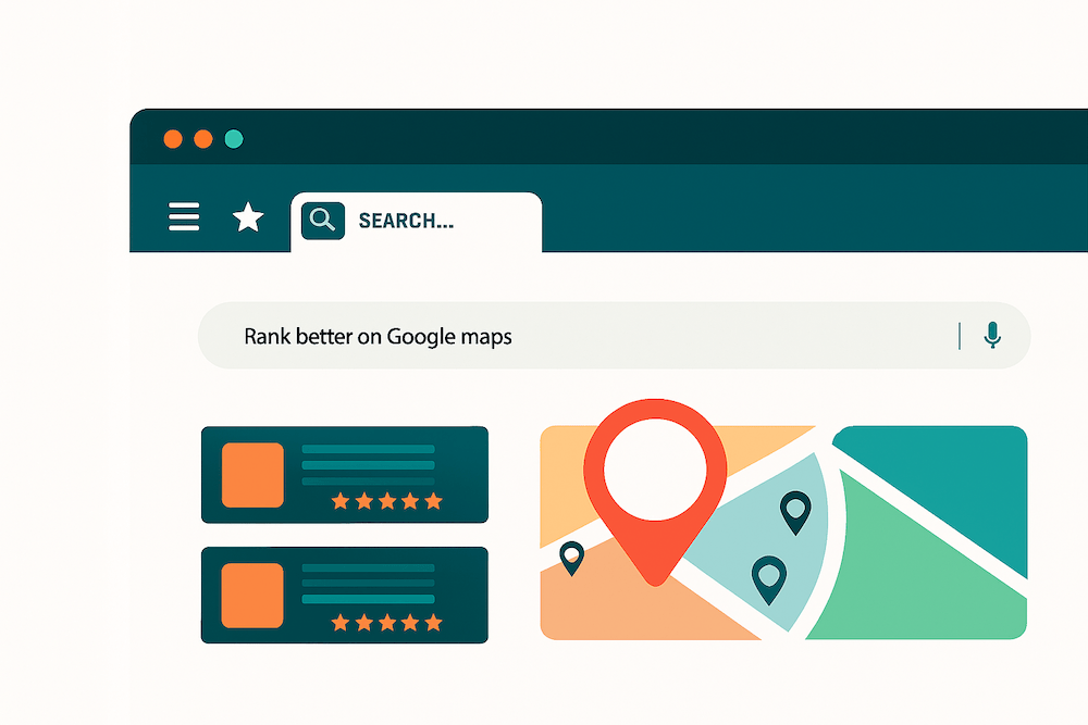 Digital Reach, Graphic showing Google Maps ranking improvement strategies, including reviews and local SEO.