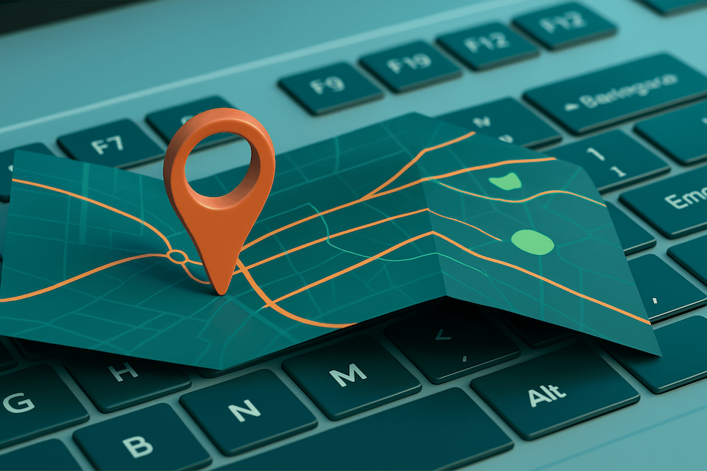 Digital Reach, Map pin on a laptop keyboard, illustrating Maui SEO strategies for local business growth.