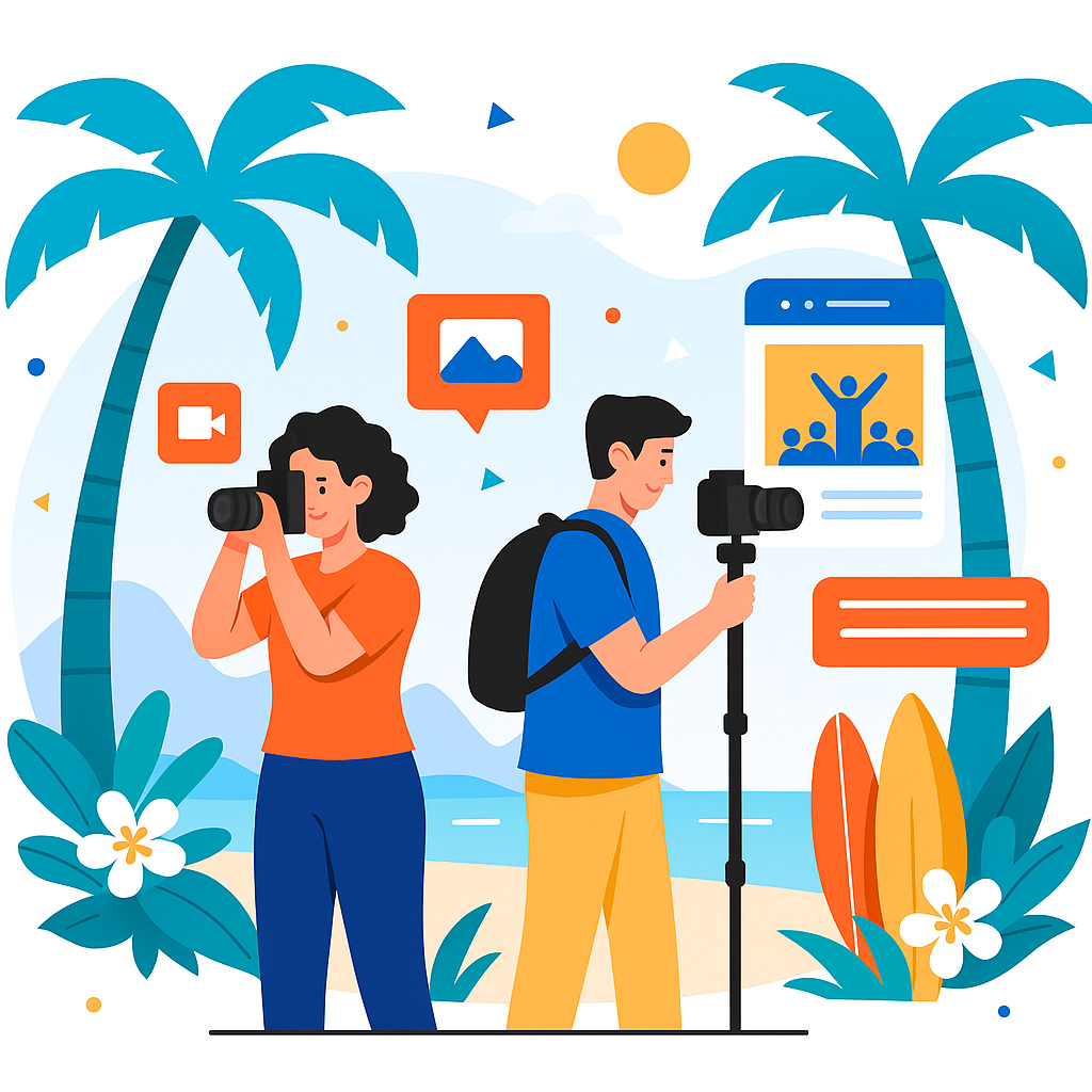 Digital Reach, Two content creators filming and photographing on a tropical beach for digital marketing.