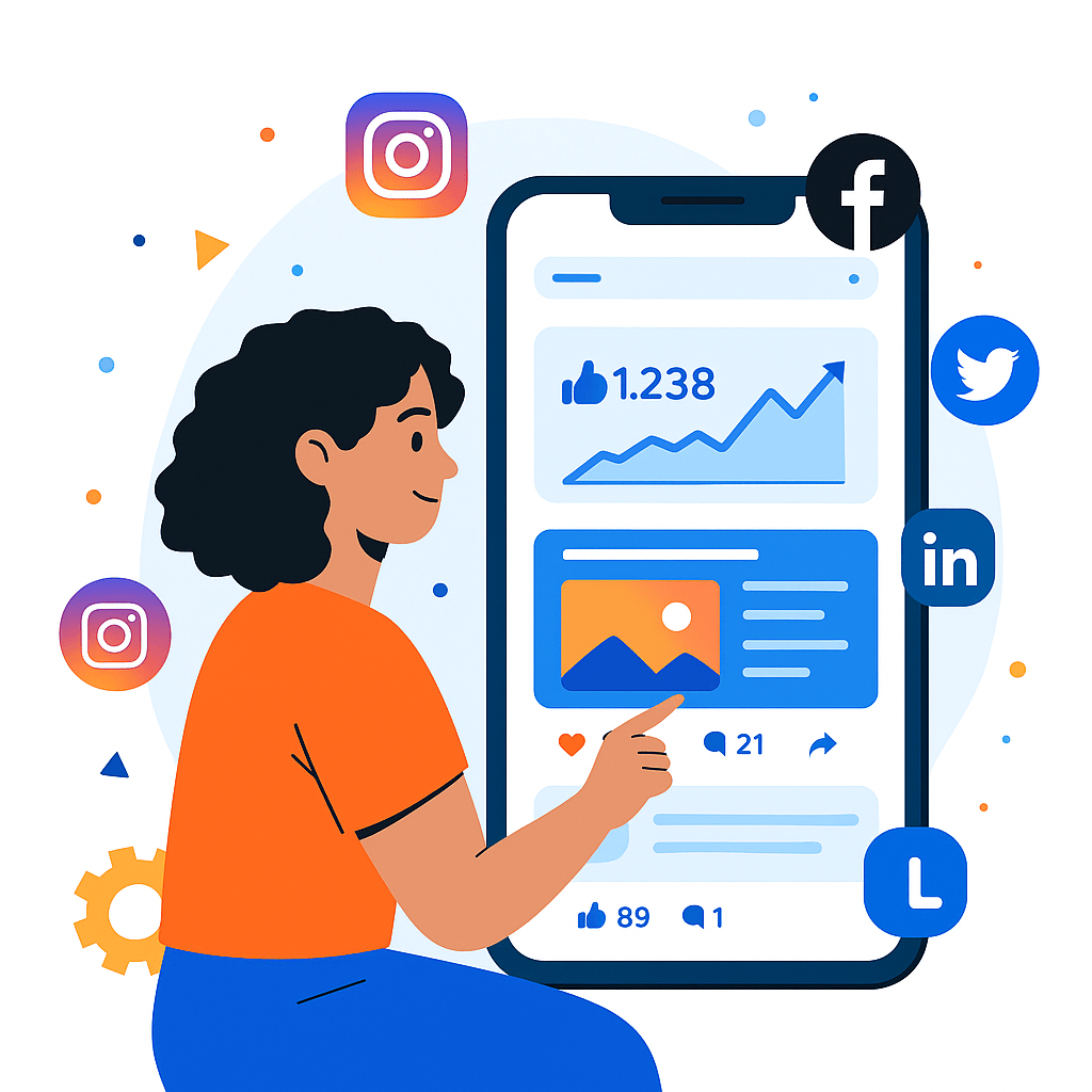 Digital Reach, Woman analyzing social media marketing data on her phone, showing growth charts and engagement metrics.