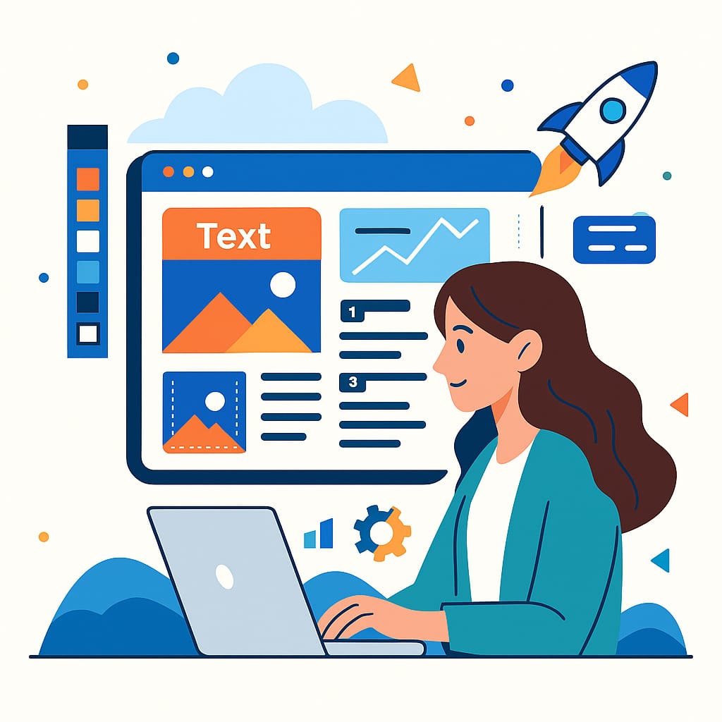 Digital Reach, Woman working on laptop, designing website with images and text. Digital marketing concept.