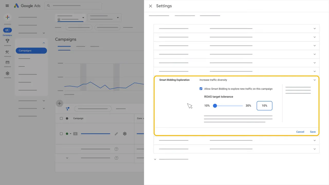 Settings menu showing Smart Bidding Exploration option