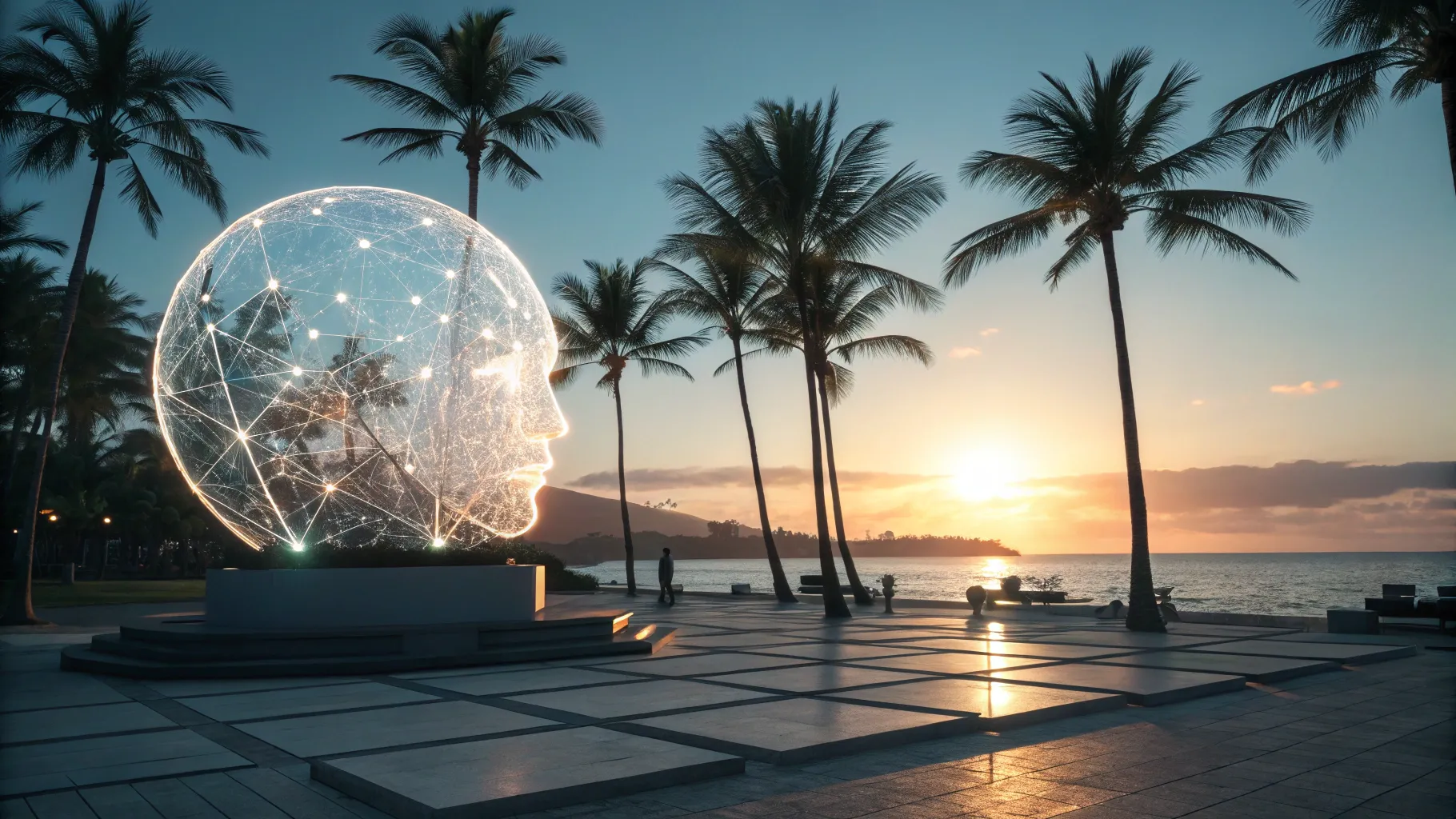 99287327-2faf-45e7-b49b-d82bbb19bbac • Digital Reach Digital Reach, Glowing AI face sculpture on a beach with palm trees at sunset, representing future technology and innovation.