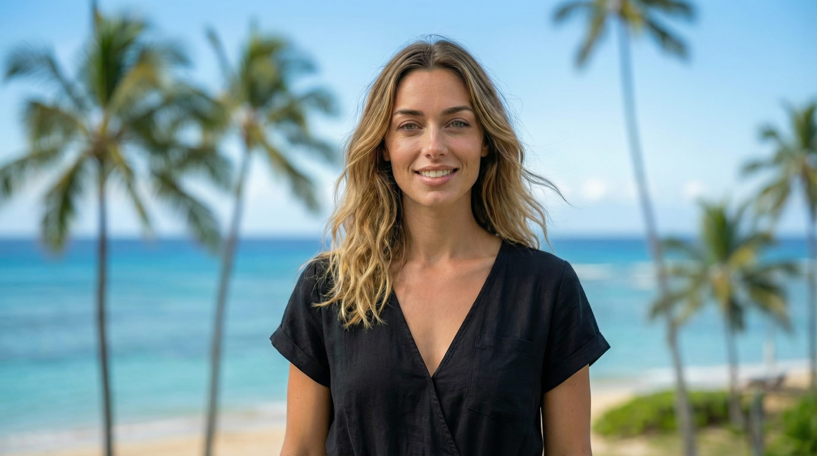 Digital Reach, Woman in black top smiles on a tropical beach with palm trees and turquoise water.