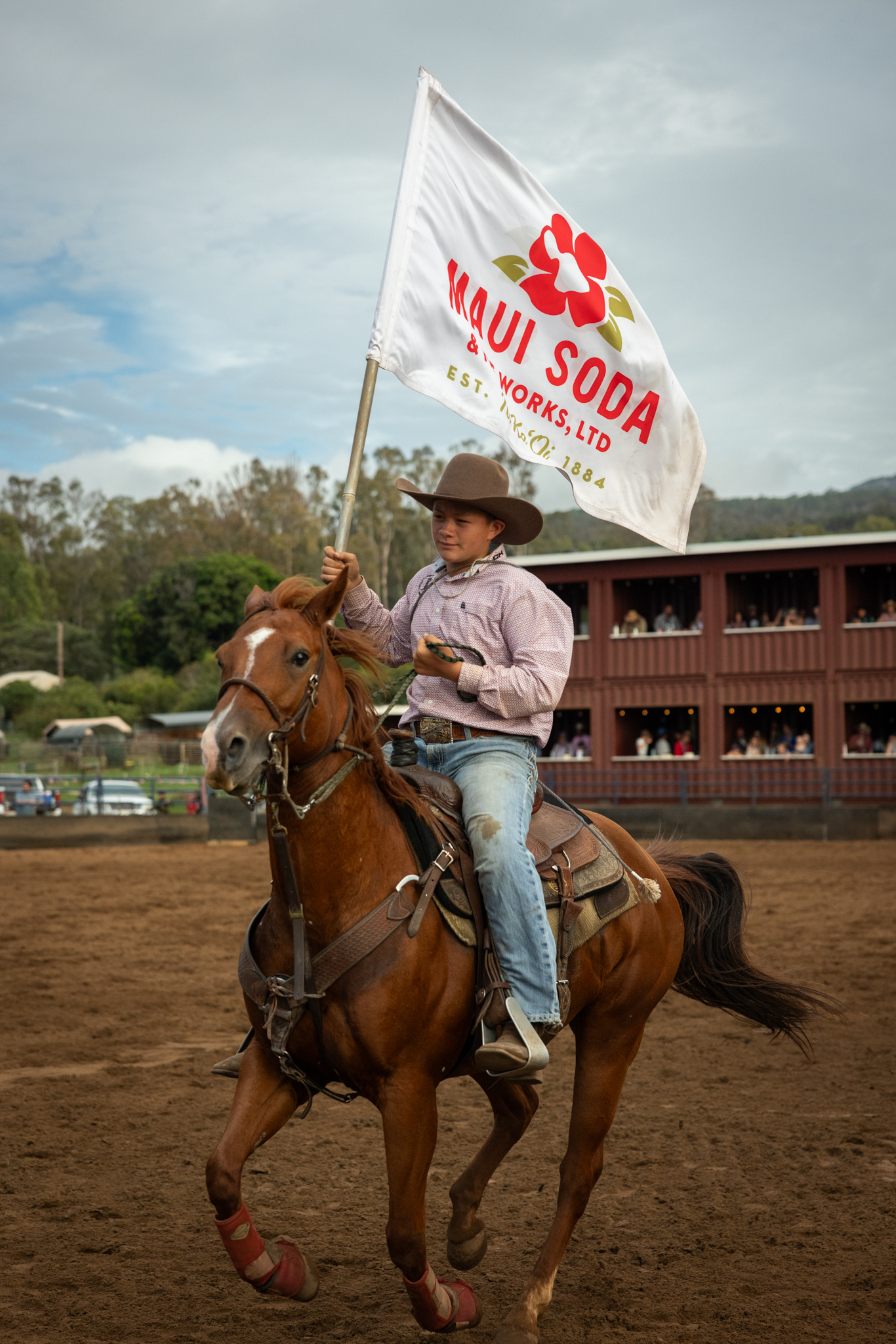 573585382_17924692953159043_6582998515612480546_n • Digital Reach Digital Reach, Cowboy riding a horse, holding a Maui Soda flag at a rodeo.